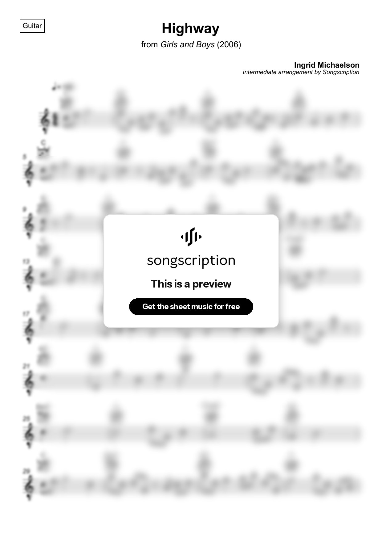 Intermediate Acoustic Guitar Sheet Music for "Highway" by Ingrid Michaelson