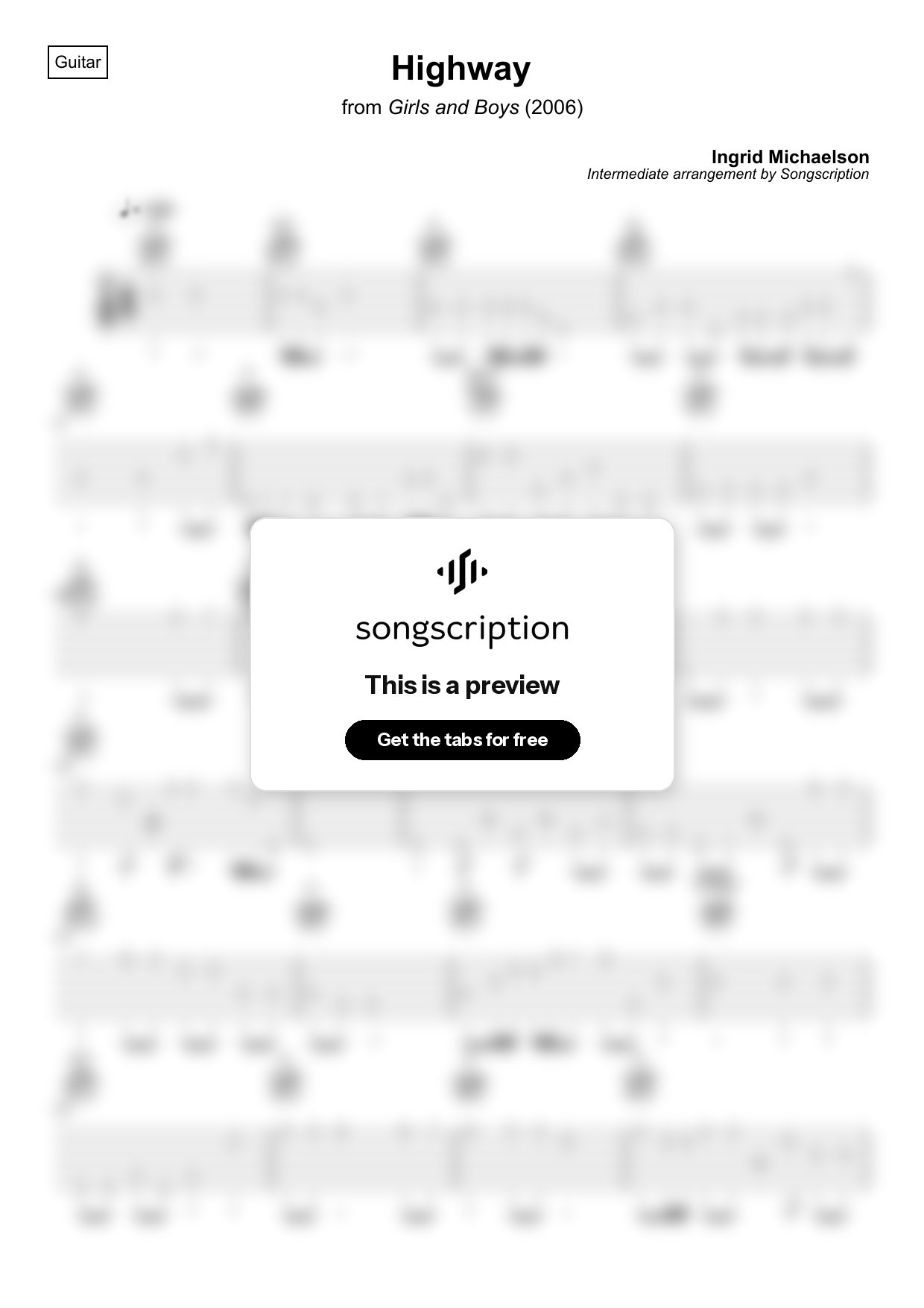Intermediate Acoustic Guitar Tabs for "Highway" by Ingrid Michaelson