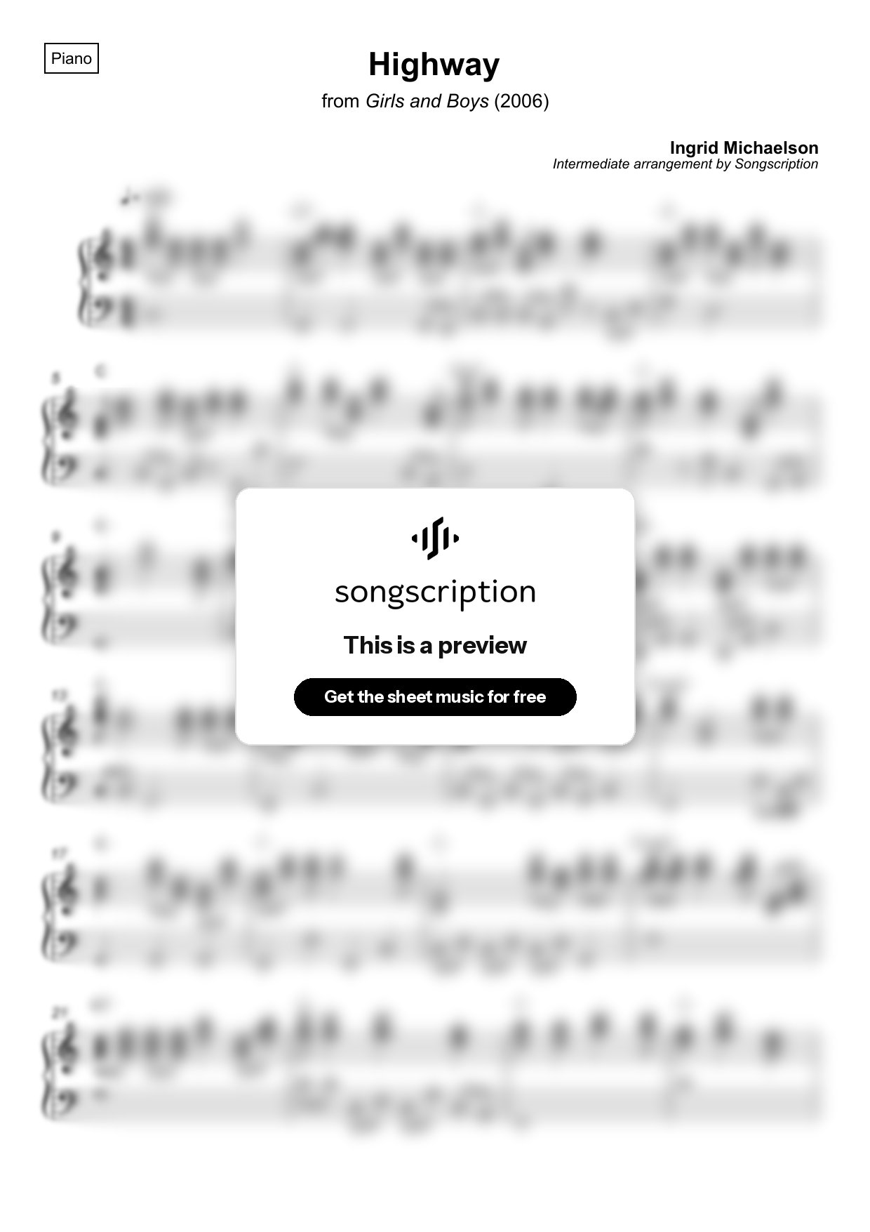 Intermediate Piano Sheet Music for "Highway" by Ingrid Michaelson