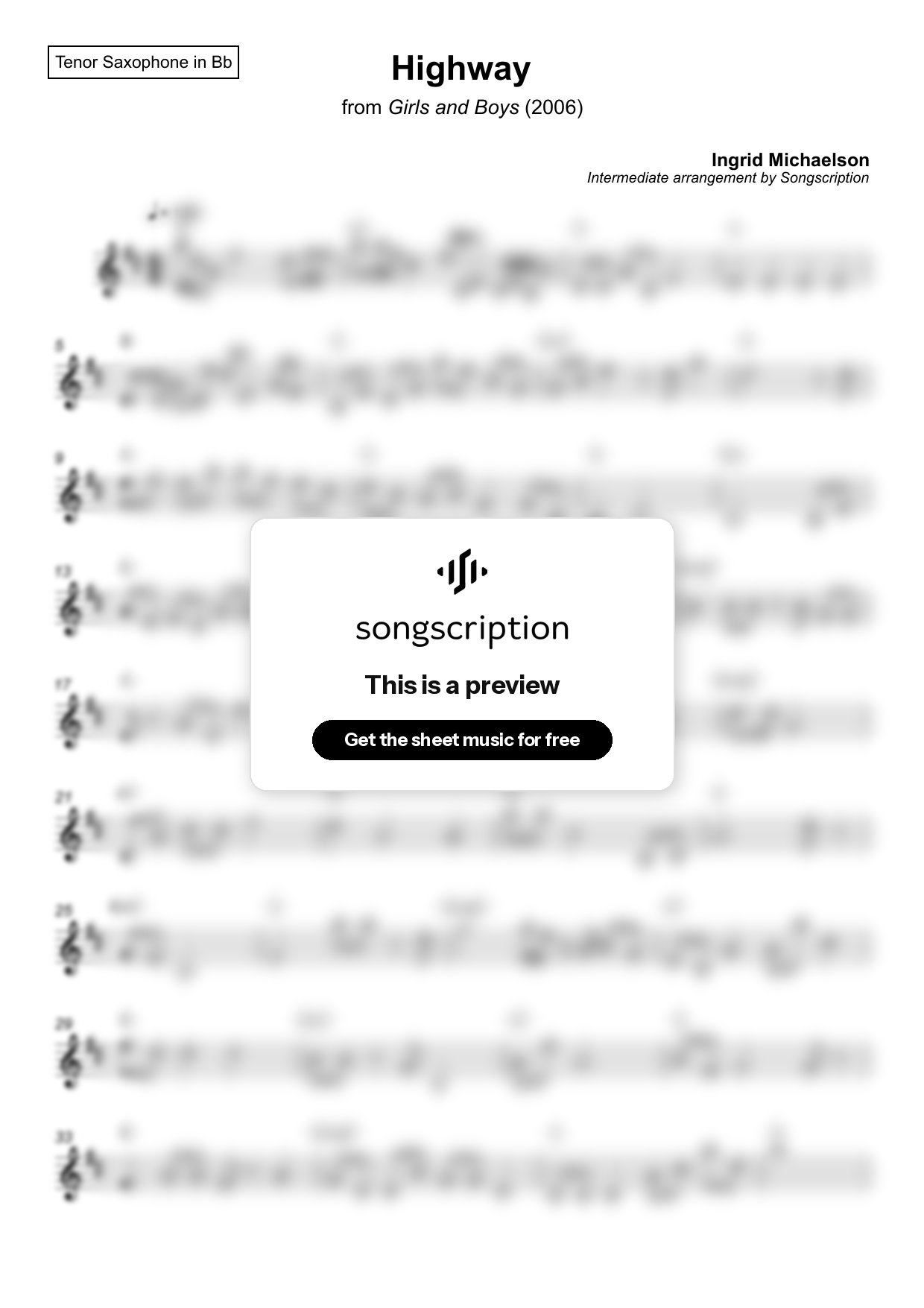 Intermediate Tenor Sax Sheet Music for "Highway" by Ingrid Michaelson