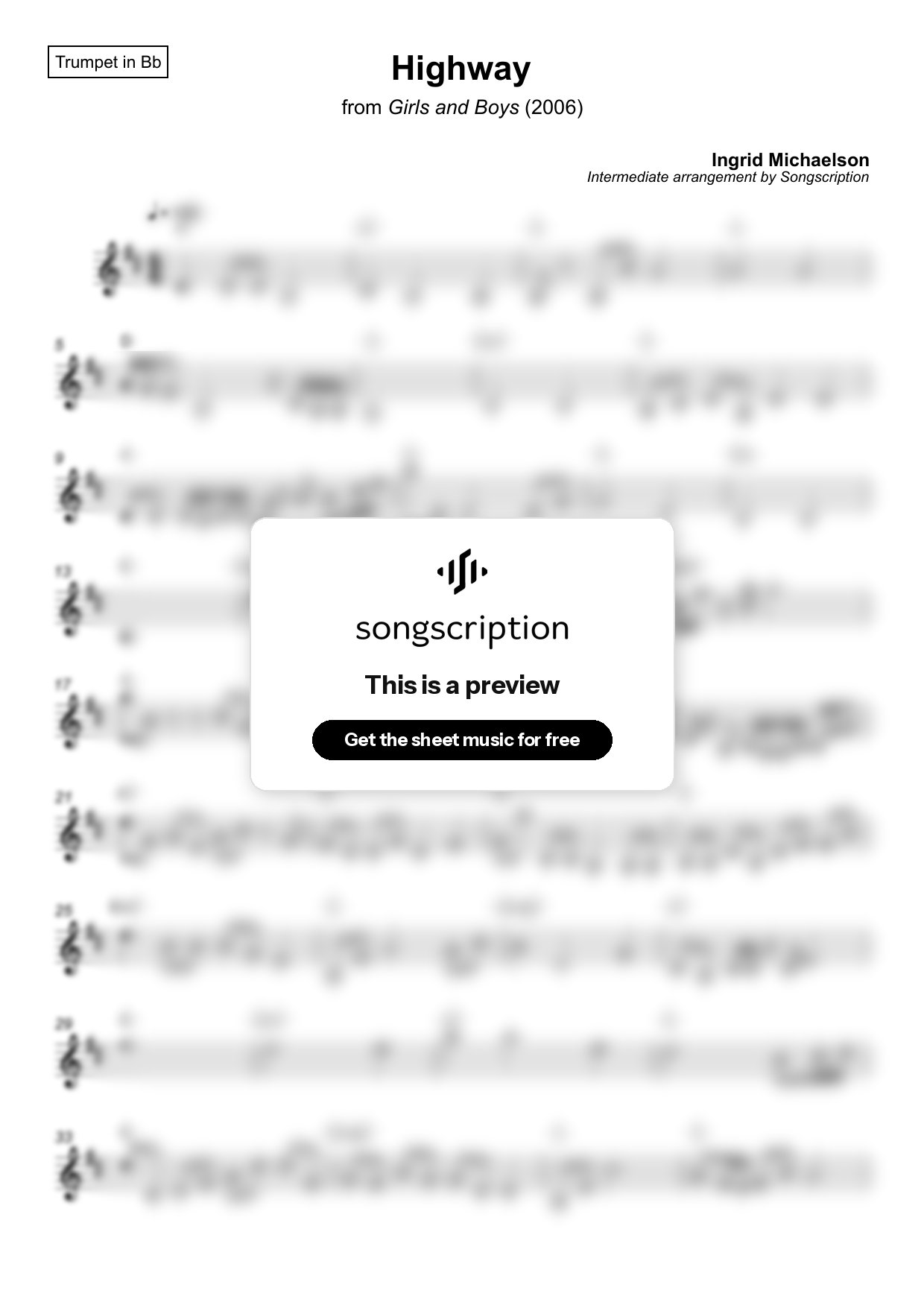 Intermediate Trumpet Sheet Music for "Highway" by Ingrid Michaelson