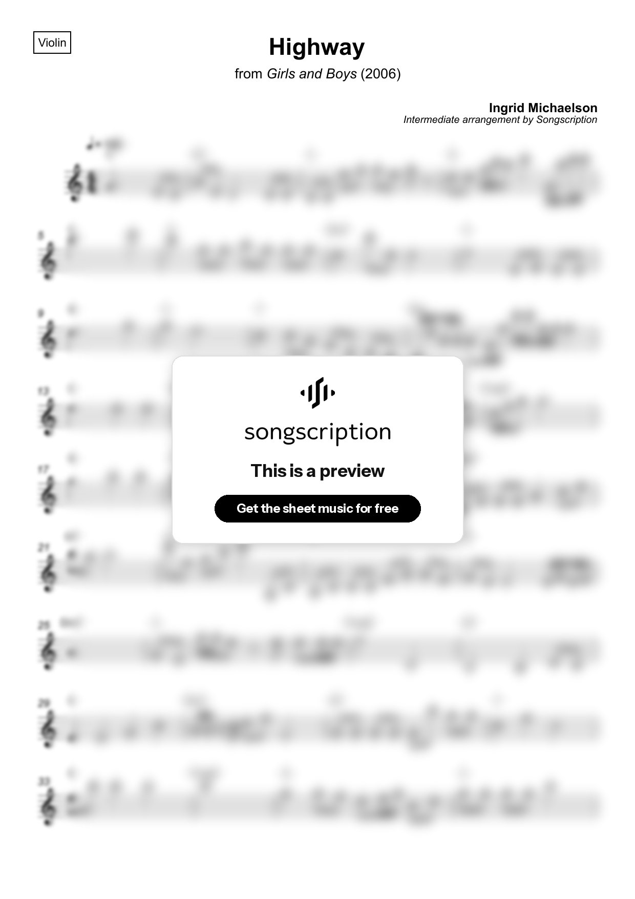 Intermediate Violin Sheet Music for "Highway" by Ingrid Michaelson