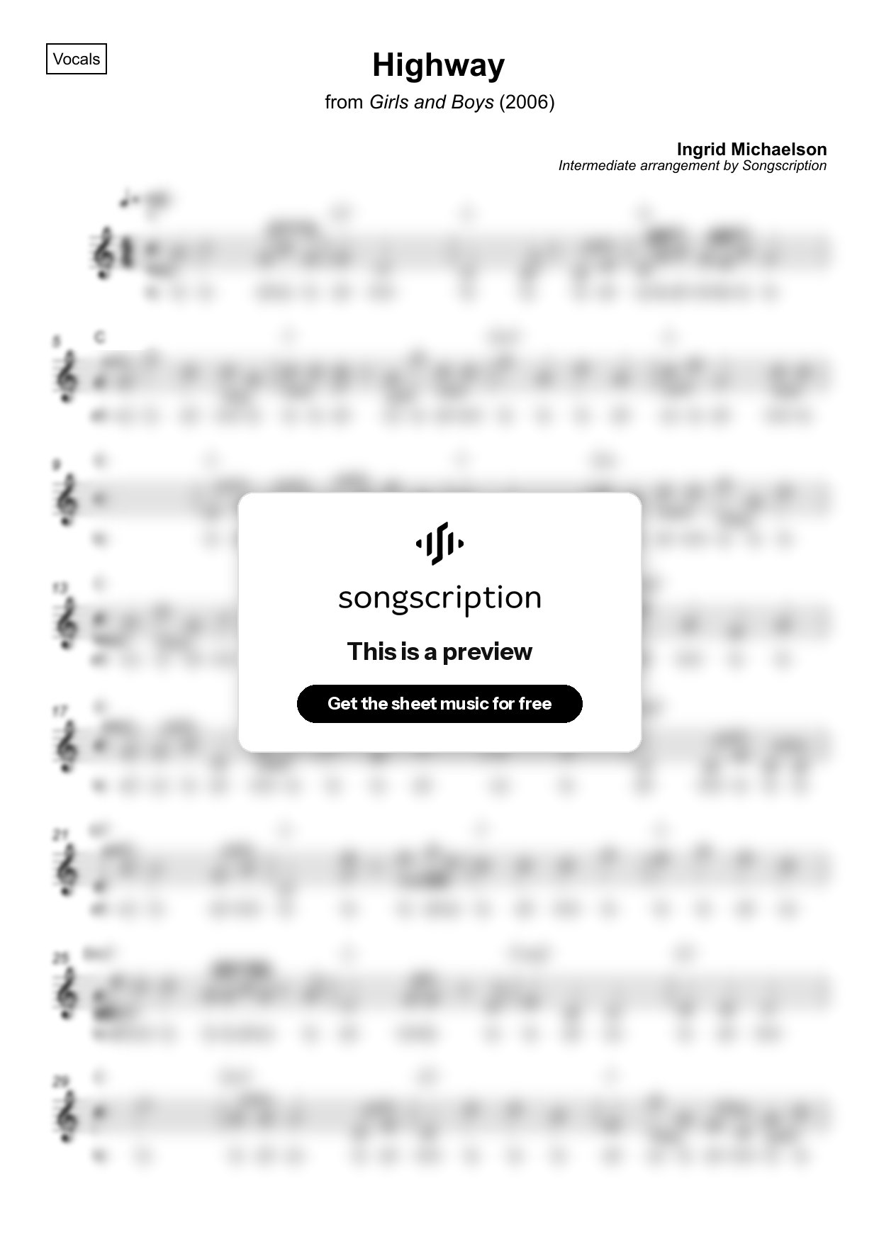 Intermediate Vocals Sheet Music for "Highway" by Ingrid Michaelson