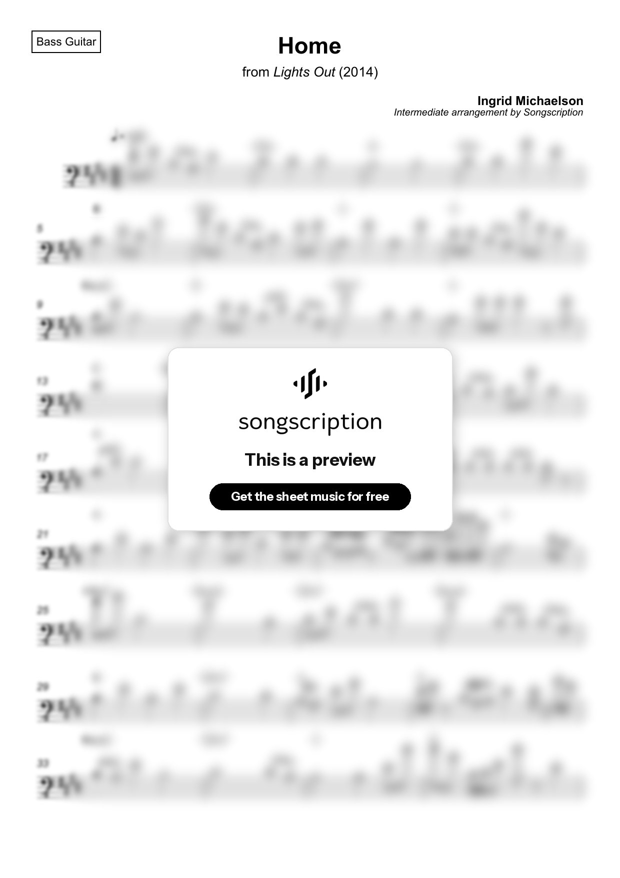 Intermediate Bass Guitar Sheet Music for "Home" by Ingrid Michaelson