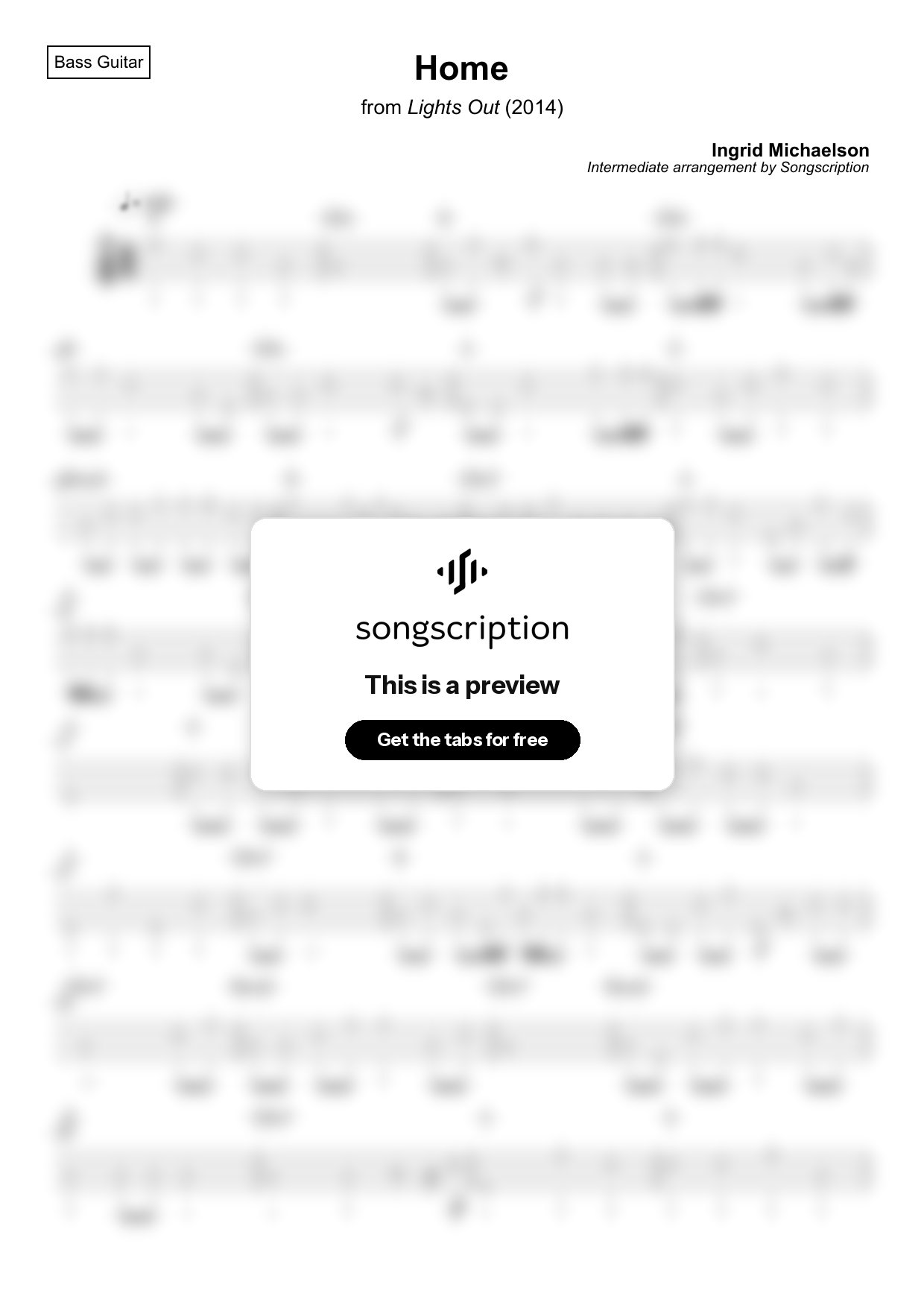 Intermediate Bass Guitar Tabs for "Home" by Ingrid Michaelson