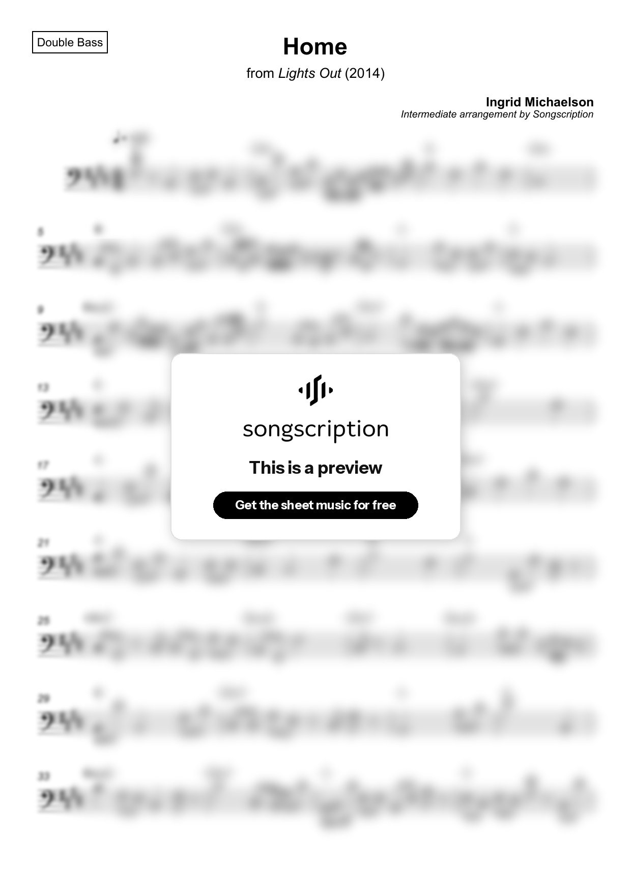 Intermediate Double Bass Sheet Music for "Home" by Ingrid Michaelson
