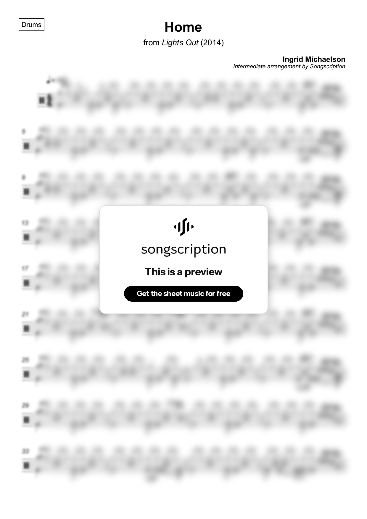 Intermediate Drums Sheet Music for "Home" by Ingrid Michaelson