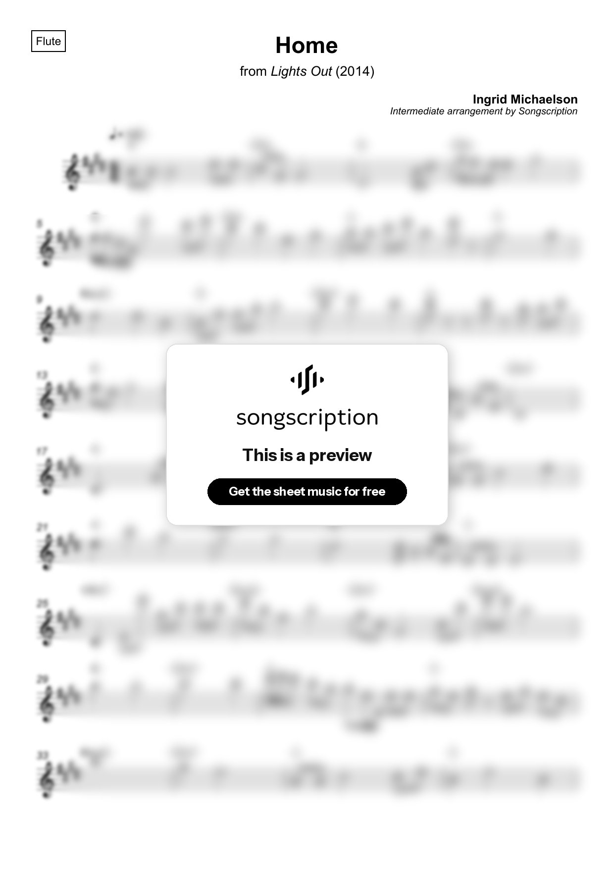 Intermediate Flute Sheet Music for "Home" by Ingrid Michaelson