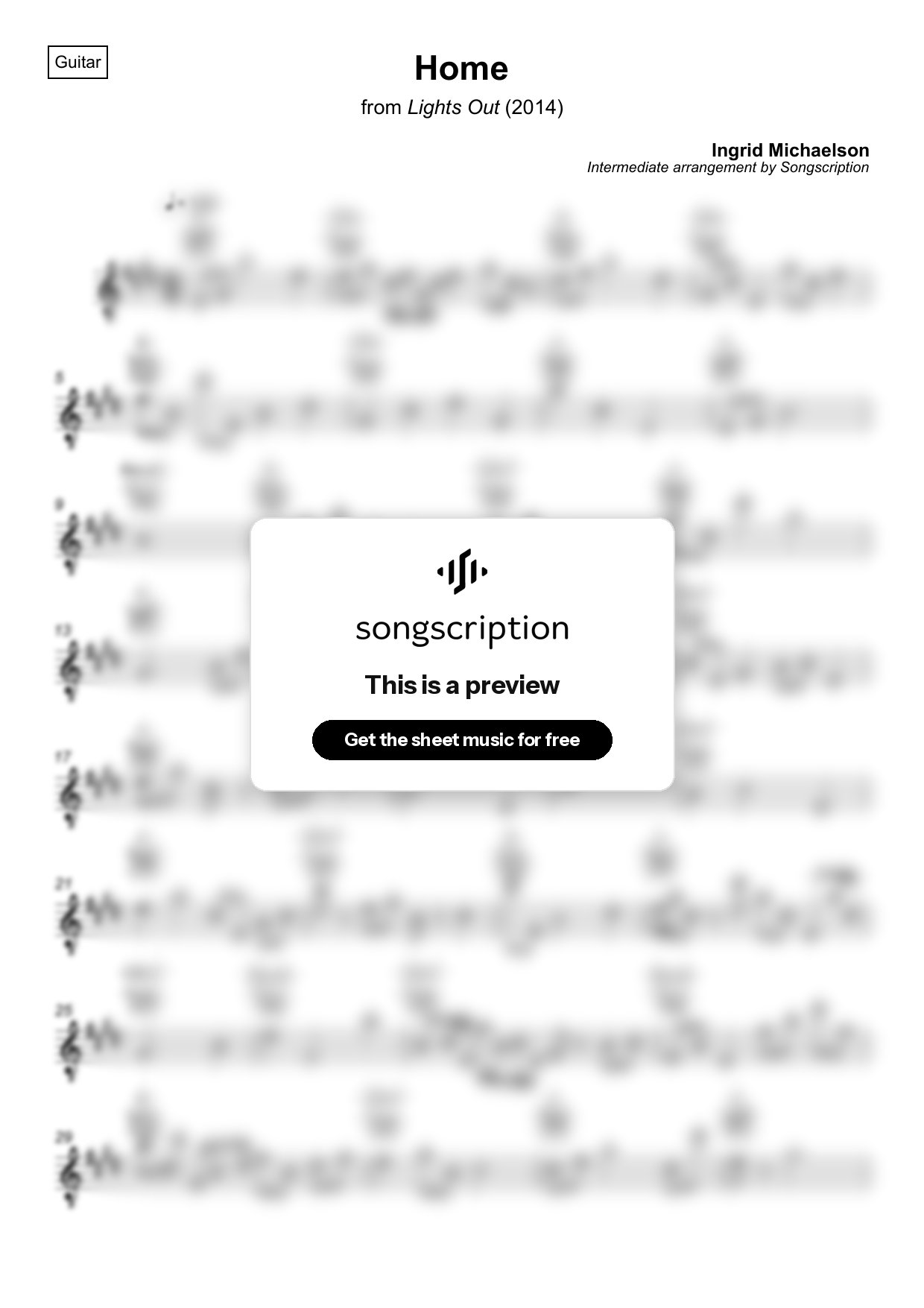 Intermediate Acoustic Guitar Sheet Music for "Home" by Ingrid Michaelson