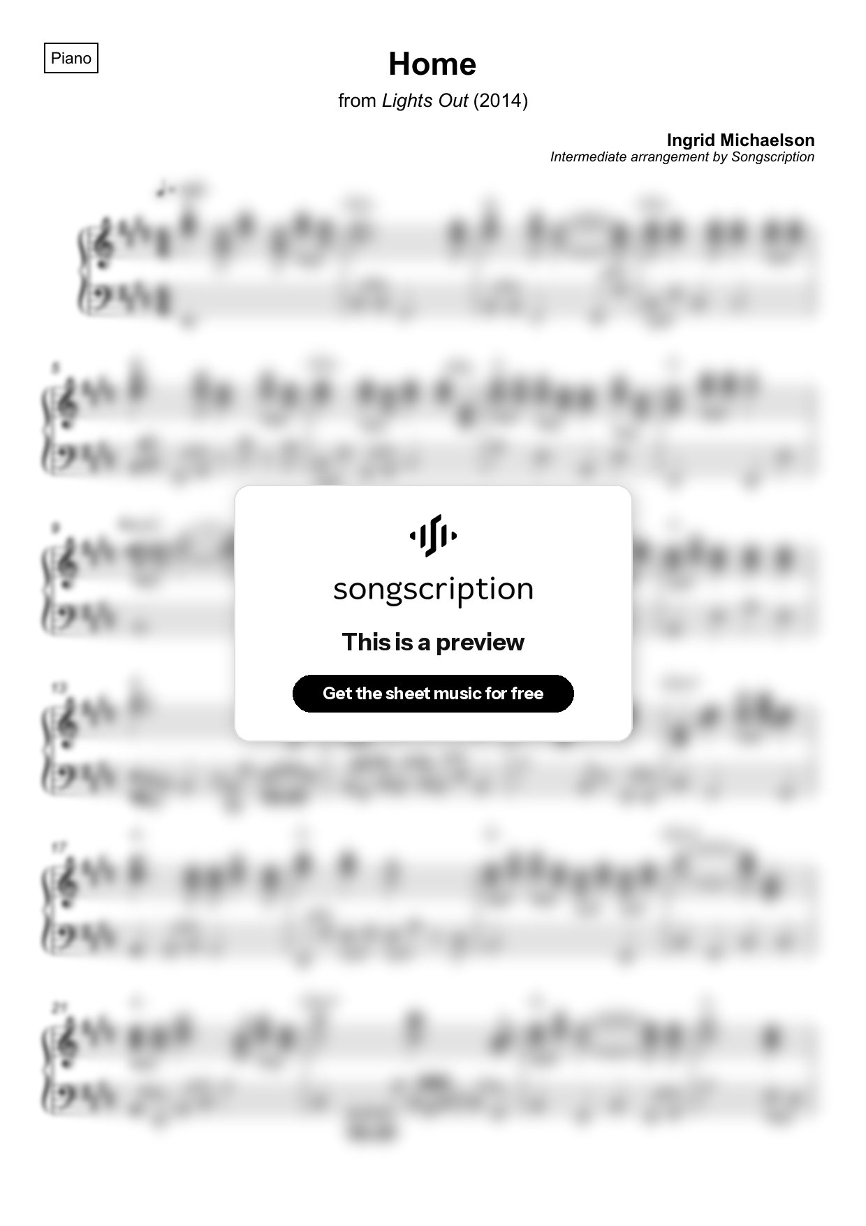 Intermediate Piano Sheet Music for "Home" by Ingrid Michaelson