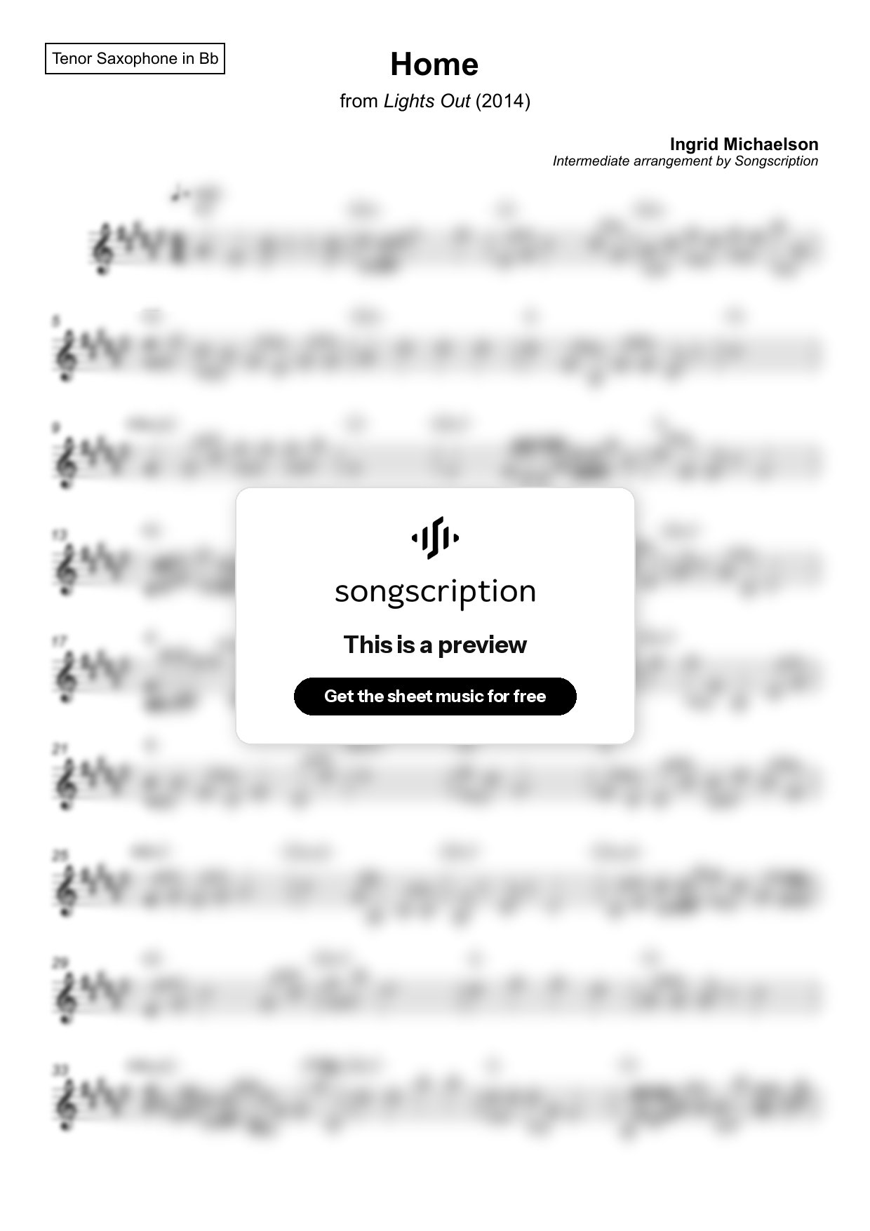 Intermediate Tenor Sax Sheet Music for "Home" by Ingrid Michaelson