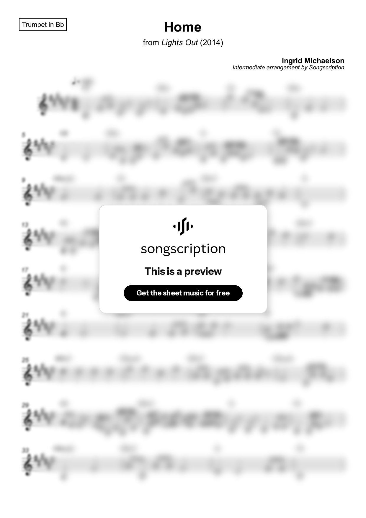 Intermediate Trumpet Sheet Music for "Home" by Ingrid Michaelson