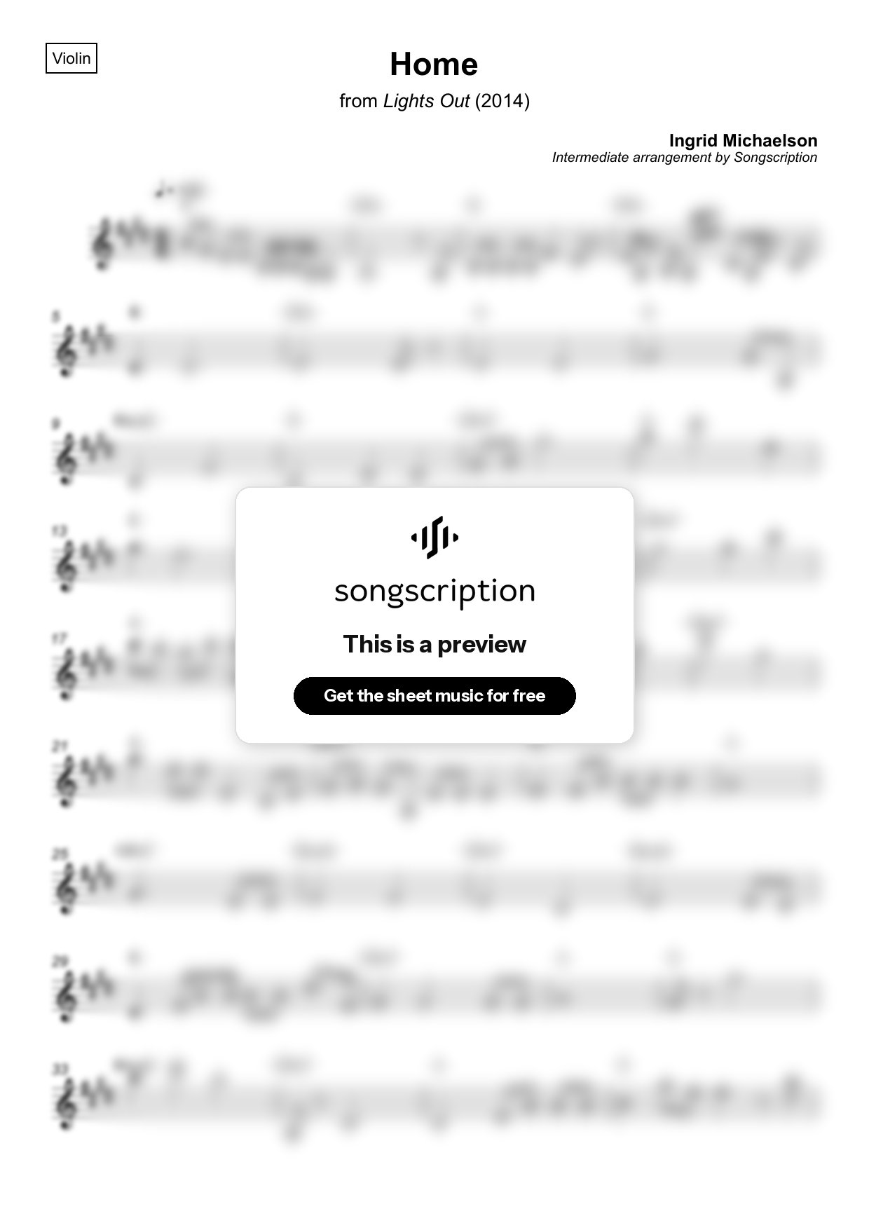 Intermediate Violin Sheet Music for "Home" by Ingrid Michaelson