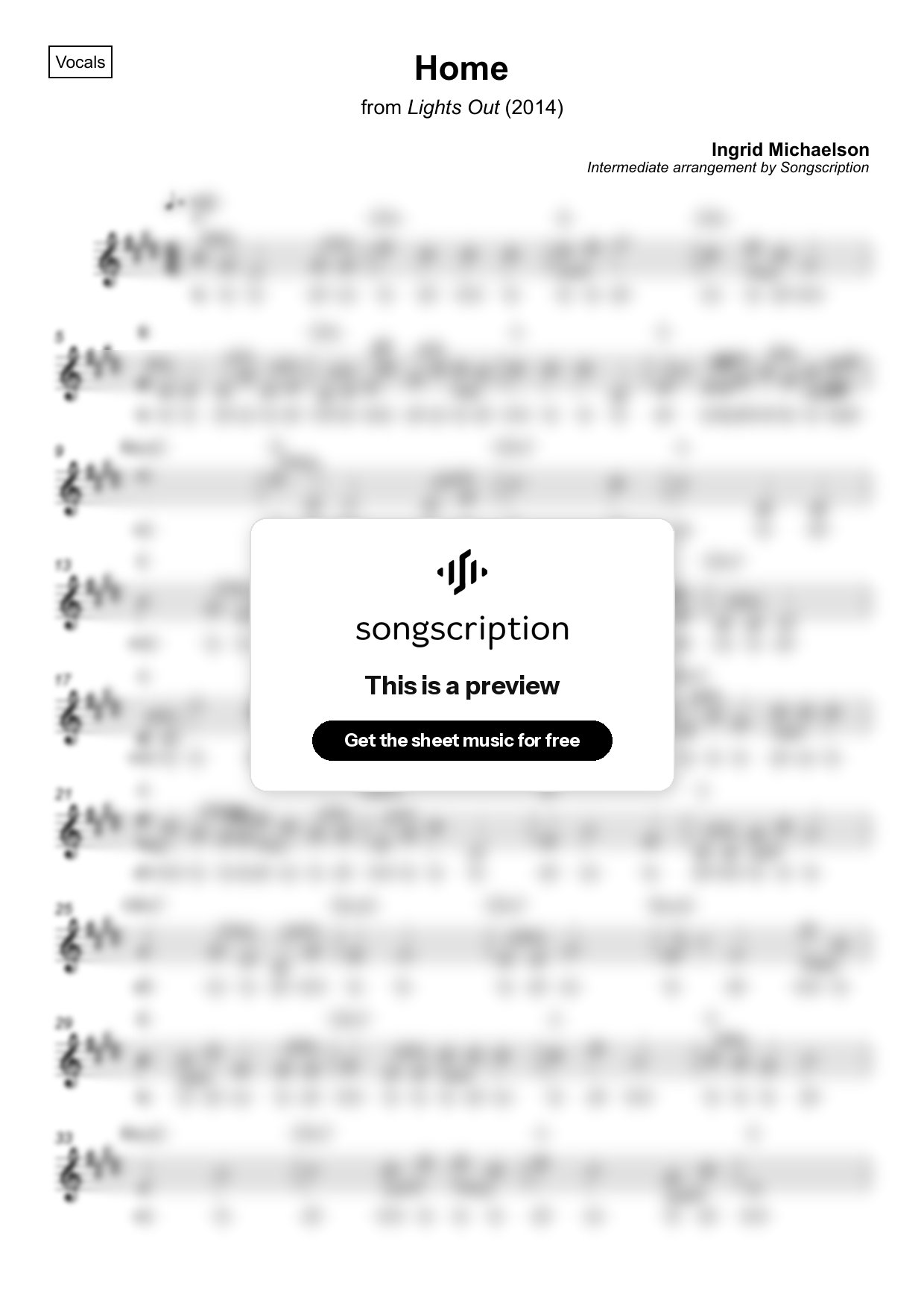 Intermediate Vocals Sheet Music for "Home" by Ingrid Michaelson
