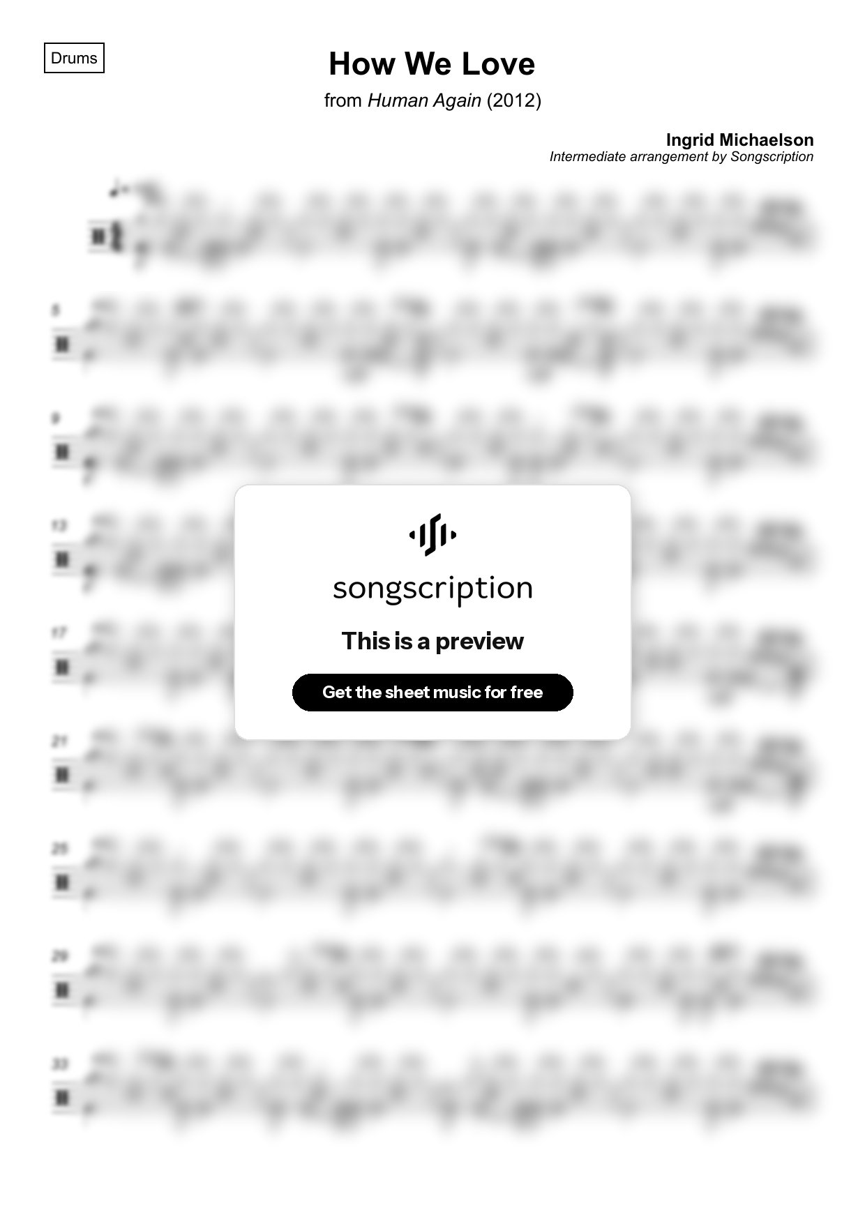 Intermediate Drums Sheet Music for "How We Love" by Ingrid Michaelson