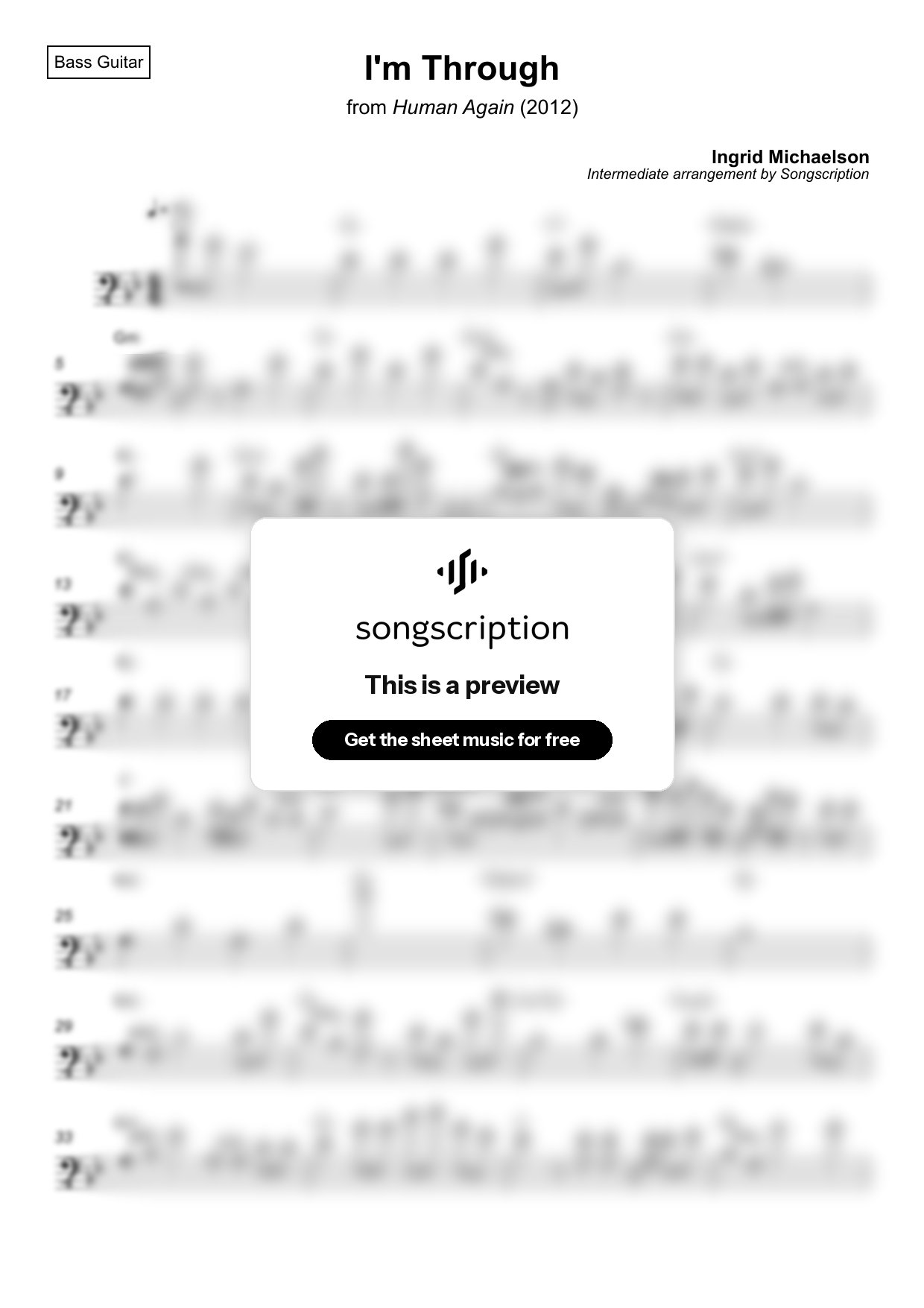 Intermediate Bass Guitar Sheet Music for "I'm Through" by Ingrid Michaelson