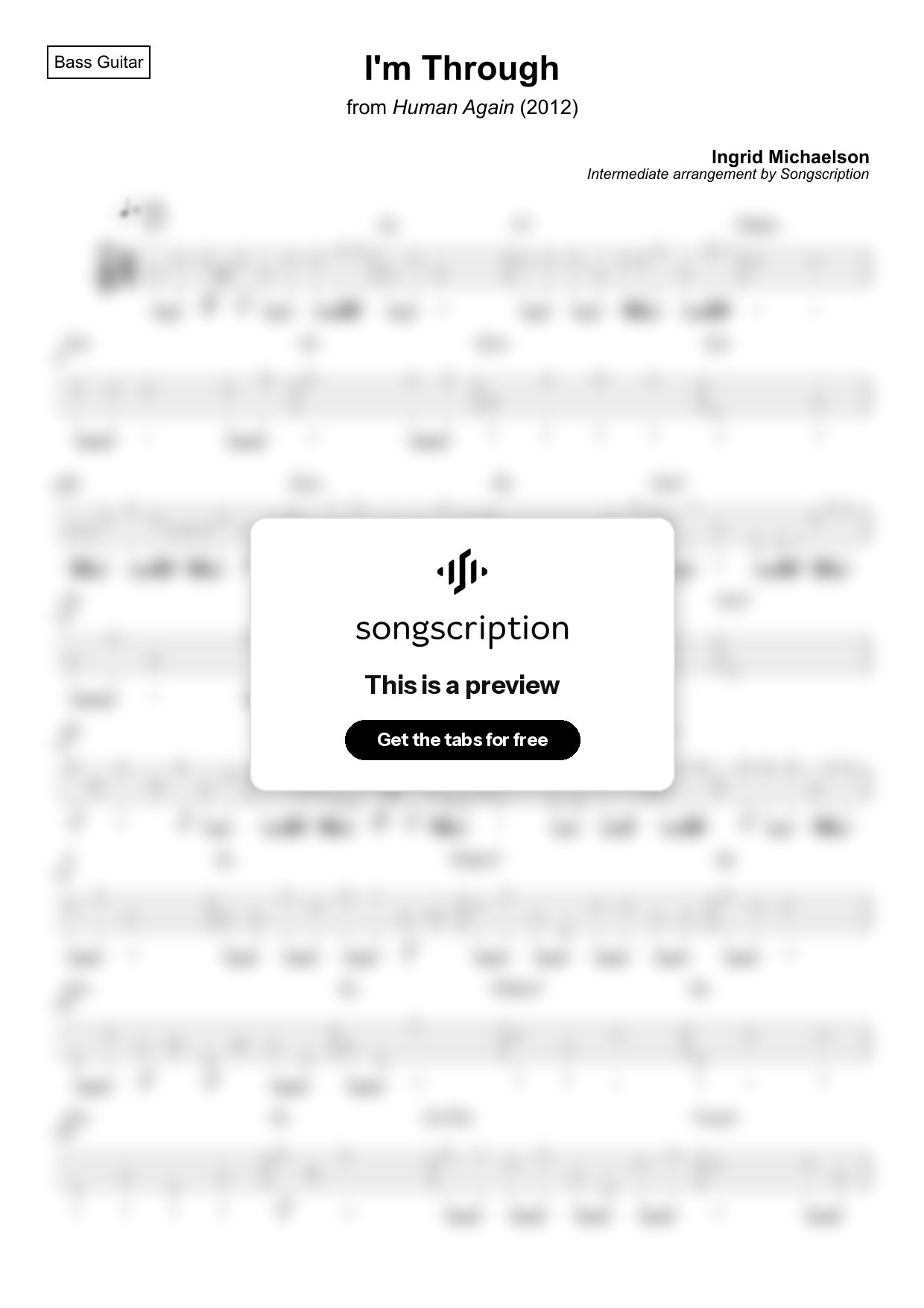 Intermediate Bass Guitar Tabs for "I'm Through" by Ingrid Michaelson