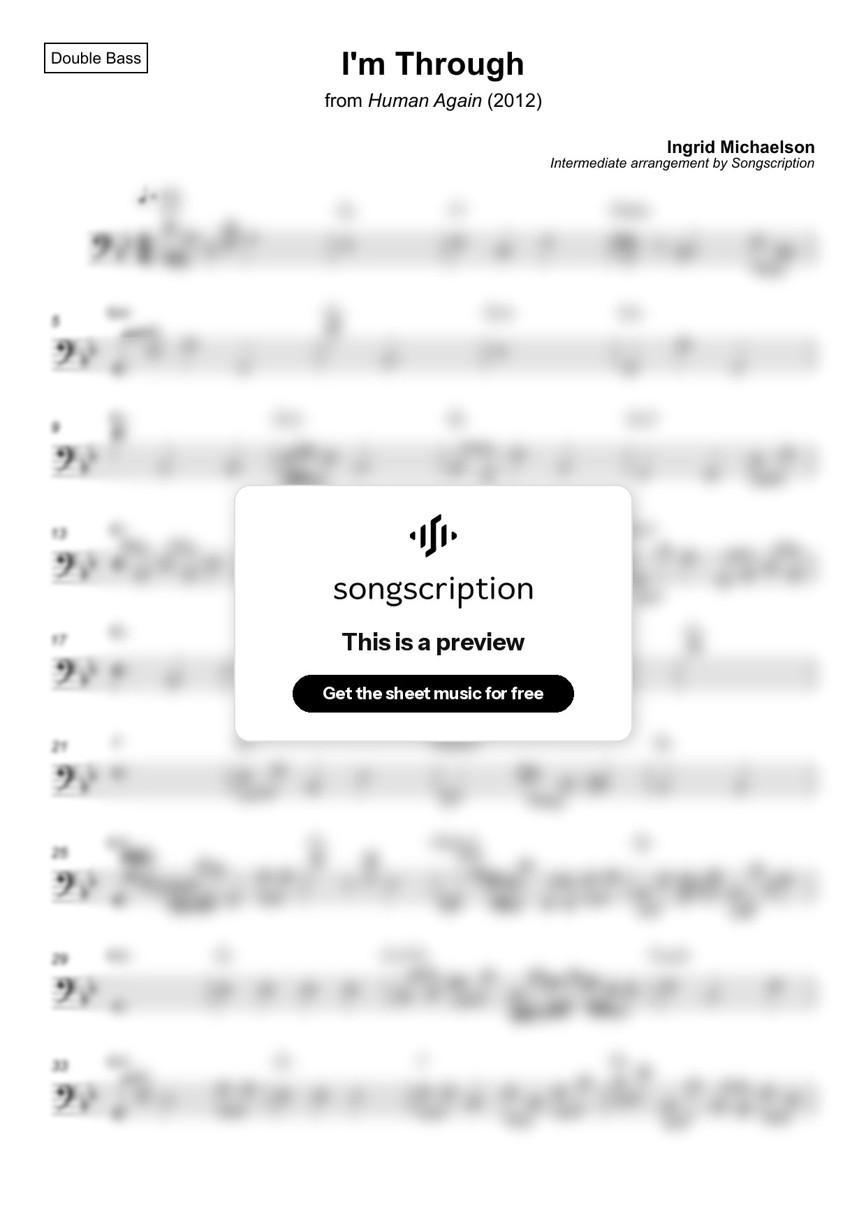 Intermediate Double Bass Sheet Music for "I'm Through" by Ingrid Michaelson