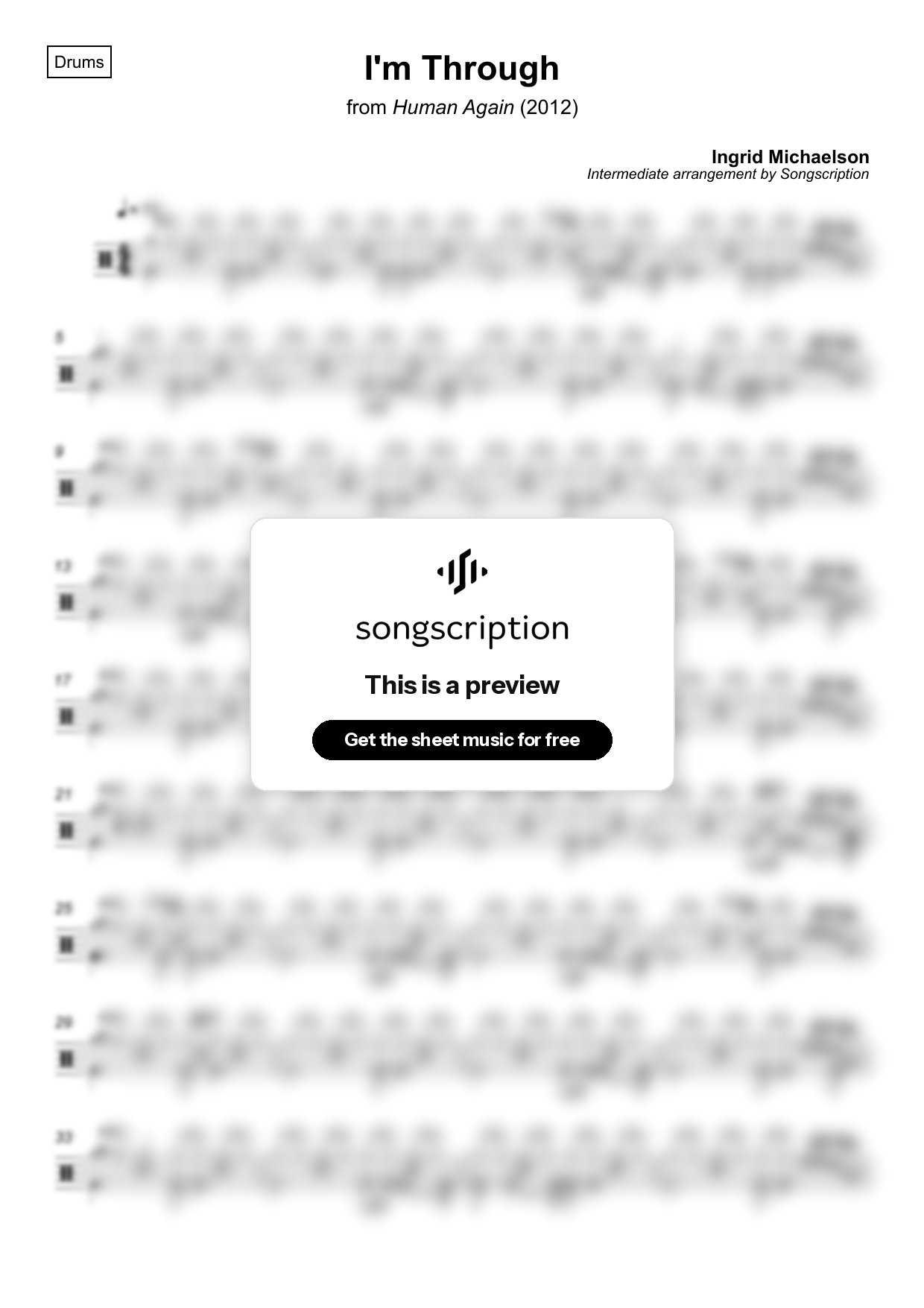 Intermediate Drums Sheet Music for "I'm Through" by Ingrid Michaelson