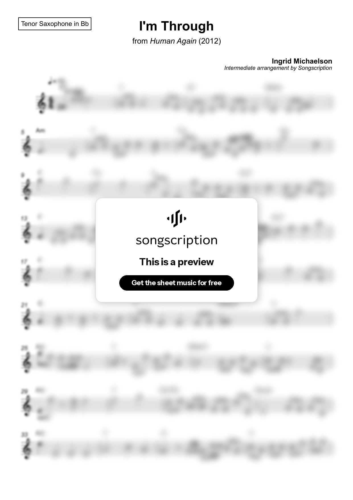 Intermediate Tenor Sax Sheet Music for "I'm Through" by Ingrid Michaelson