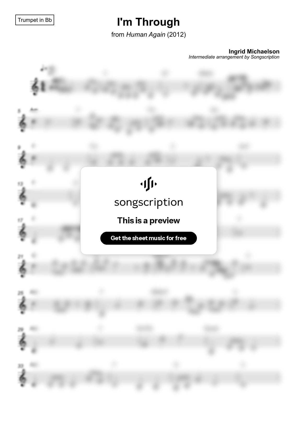 Intermediate Trumpet Sheet Music for "I'm Through" by Ingrid Michaelson
