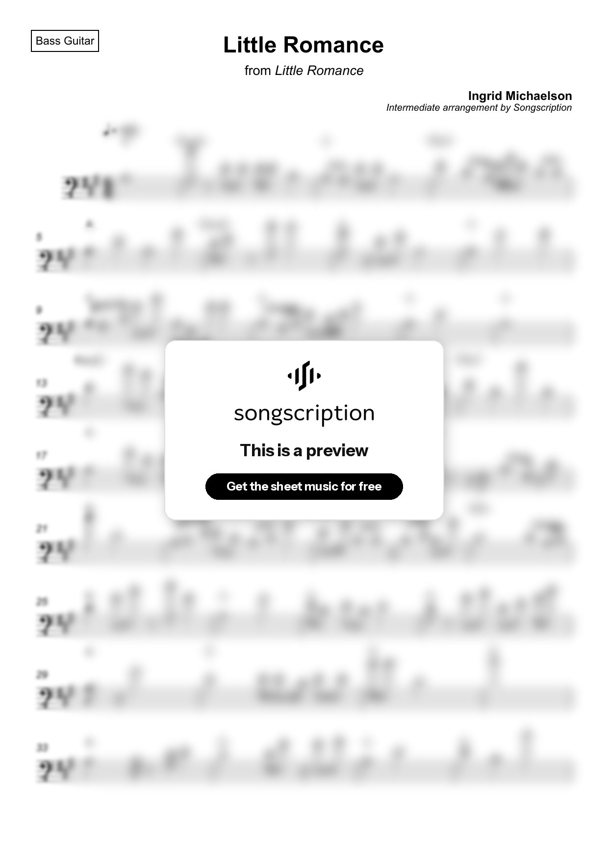 Intermediate Bass Guitar Sheet Music for "Little Romance" by Ingrid Michaelson