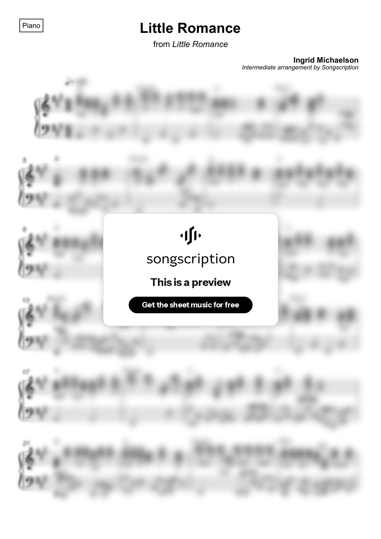 Intermediate Piano Sheet Music for "Little Romance" by Ingrid Michaelson