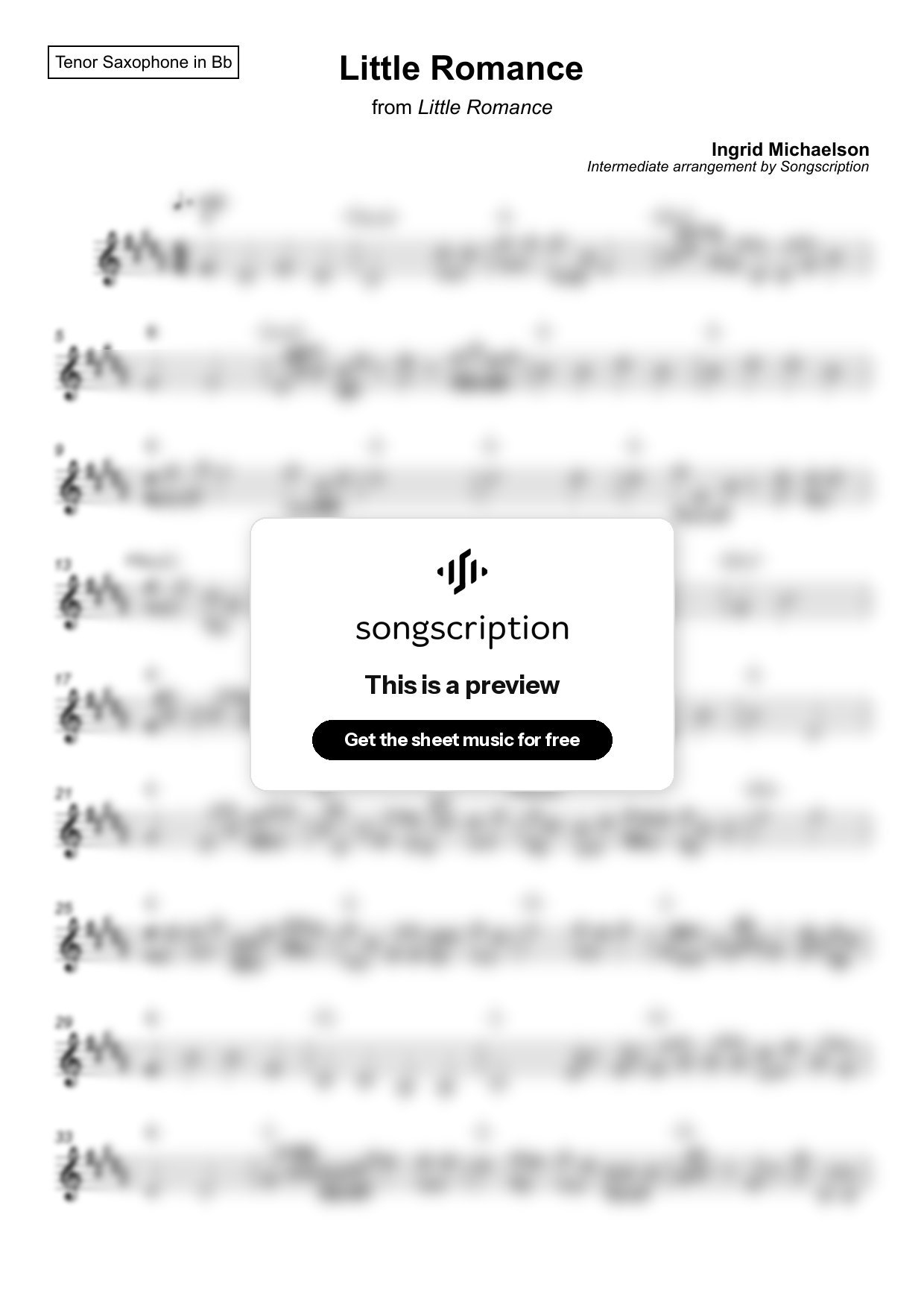 Intermediate Tenor Sax Sheet Music for "Little Romance" by Ingrid Michaelson