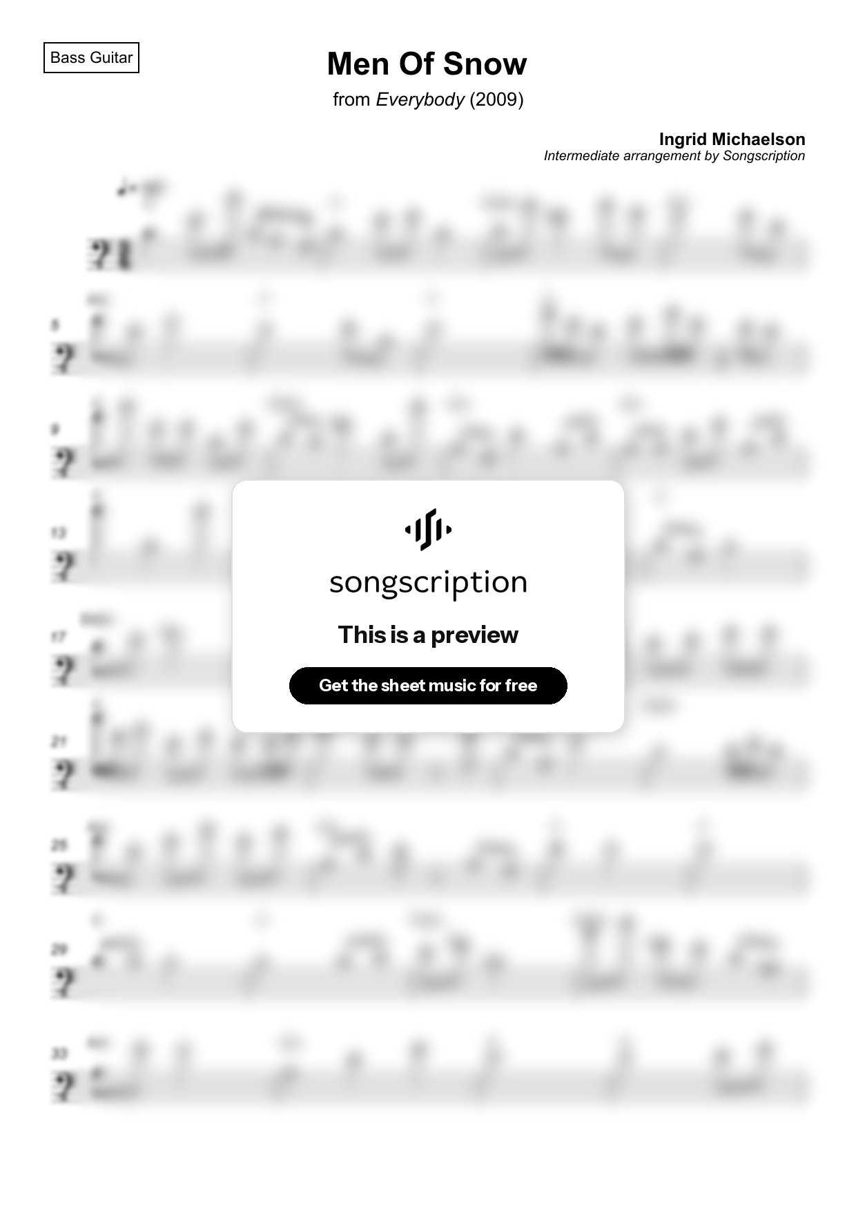 Intermediate Bass Guitar Sheet Music for "Men Of Snow" by Ingrid Michaelson