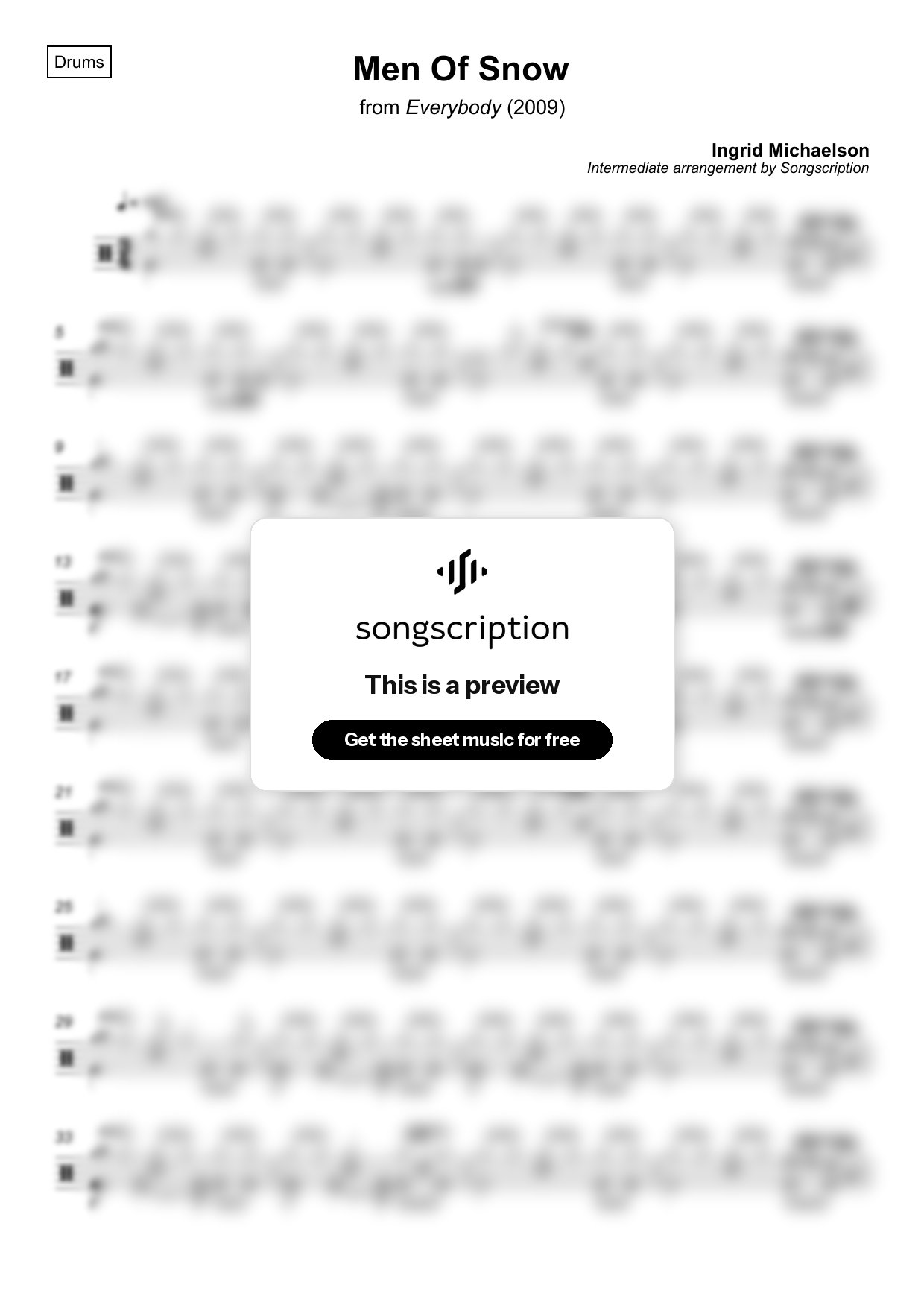 Intermediate Drums Sheet Music for "Men Of Snow" by Ingrid Michaelson