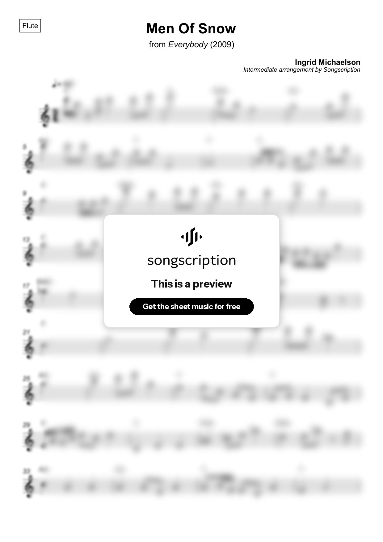 Intermediate Flute Sheet Music for "Men Of Snow" by Ingrid Michaelson