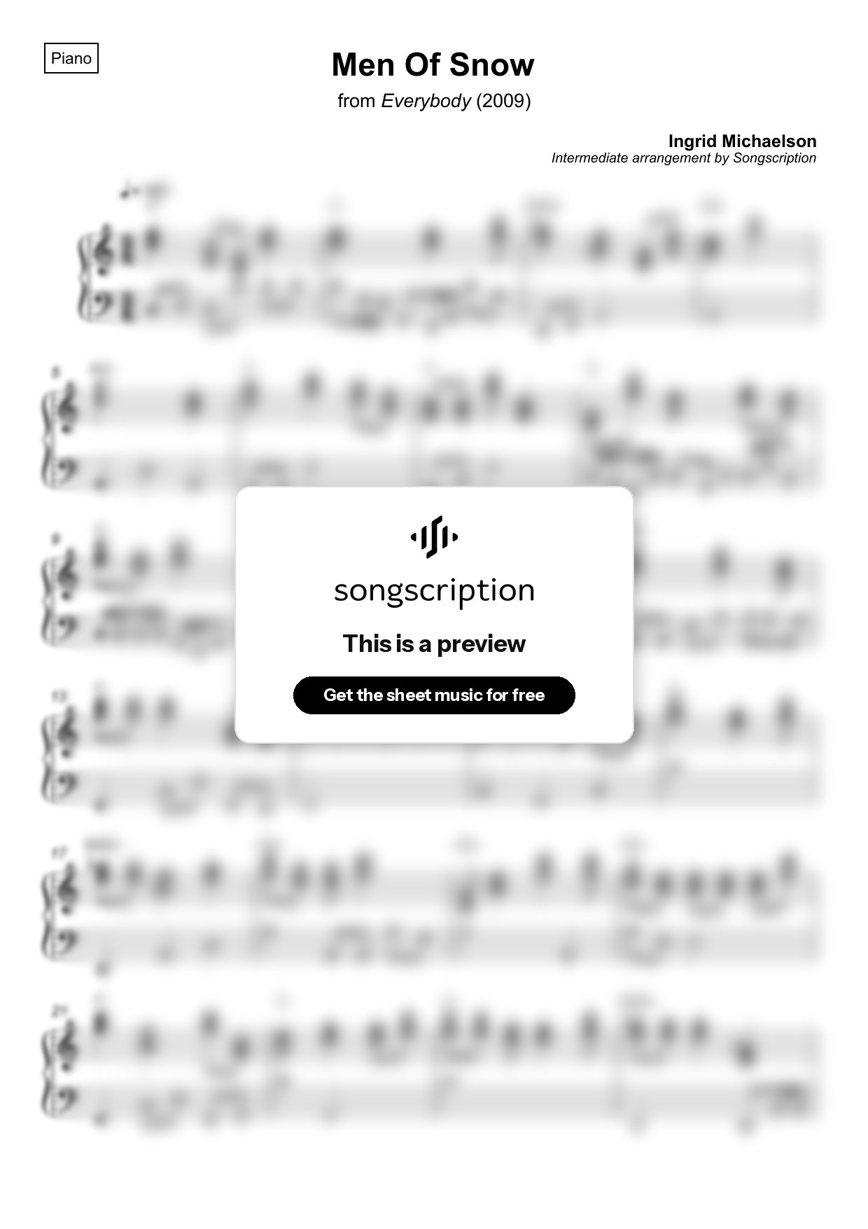 Intermediate Piano Sheet Music for "Men Of Snow" by Ingrid Michaelson