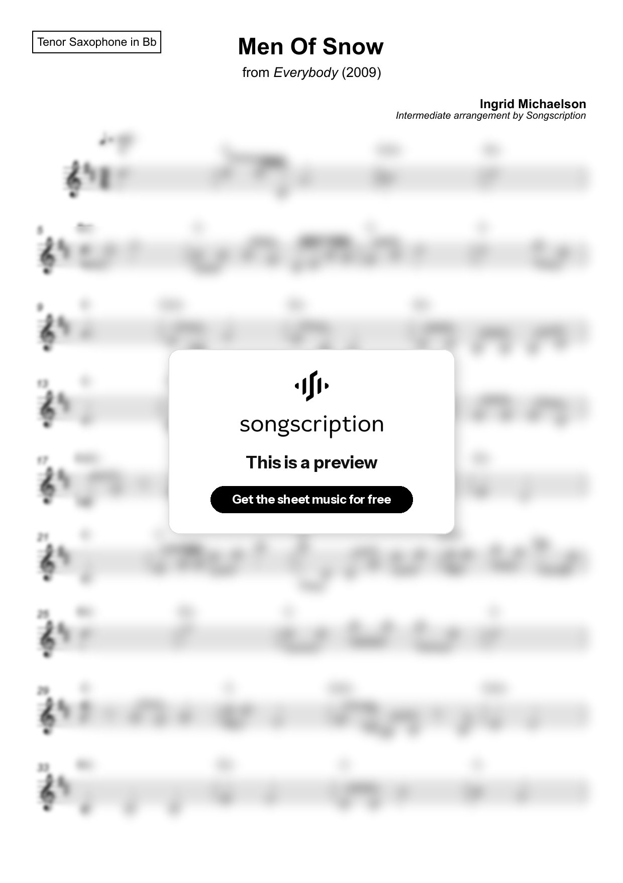 Intermediate Tenor Sax Sheet Music for "Men Of Snow" by Ingrid Michaelson