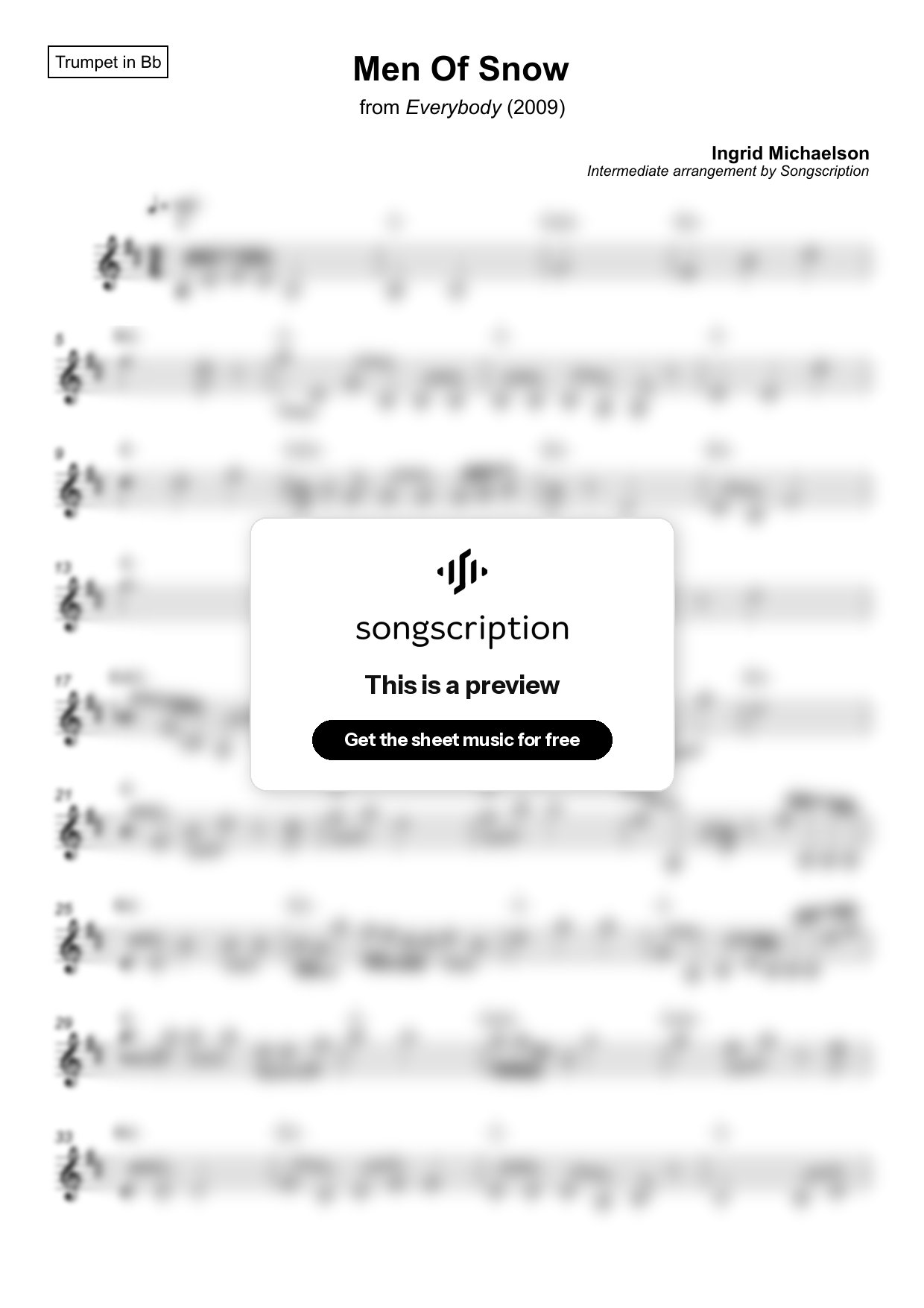 Intermediate Trumpet Sheet Music for "Men Of Snow" by Ingrid Michaelson