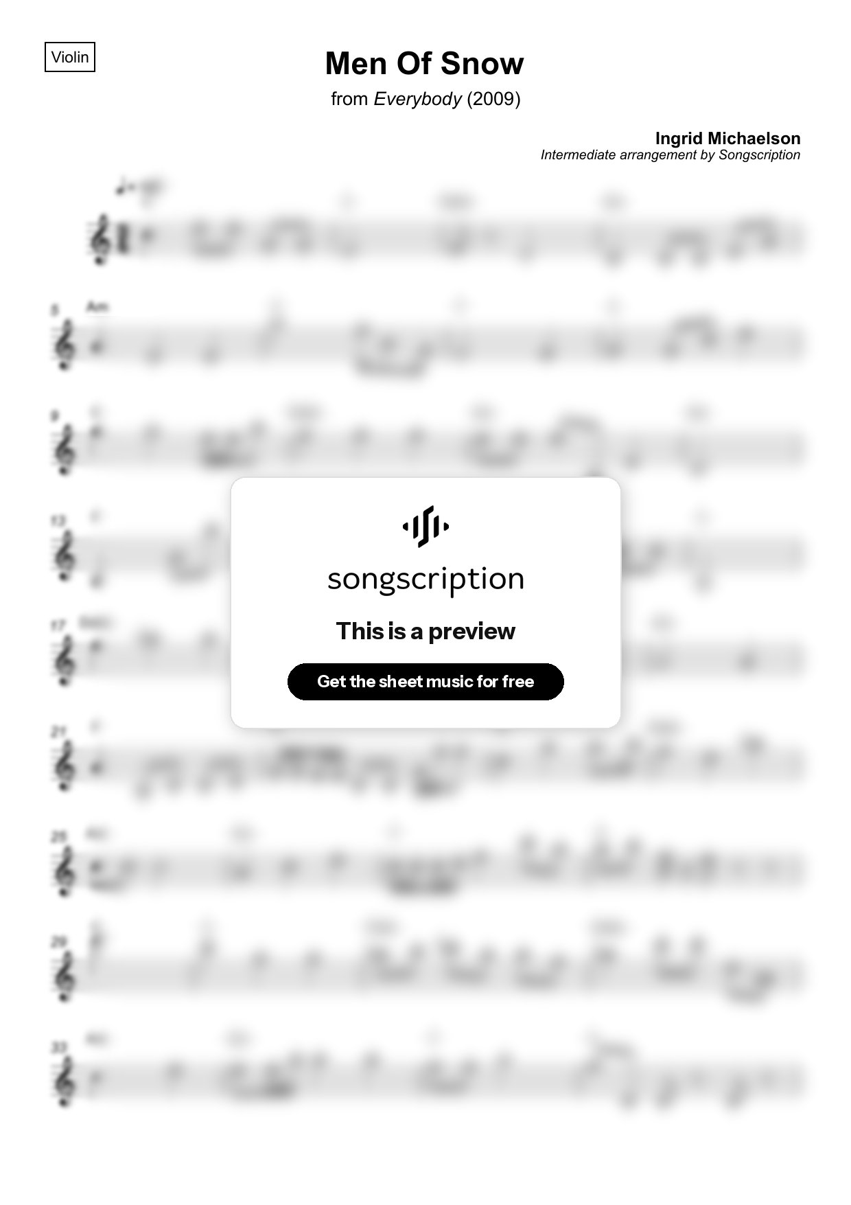 Intermediate Violin Sheet Music for "Men Of Snow" by Ingrid Michaelson