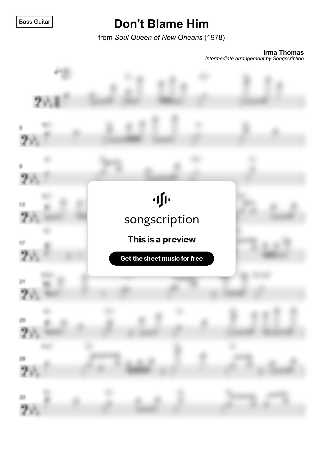 Intermediate Bass Guitar Sheet Music for "Don't Blame Him" by Irma Thomas