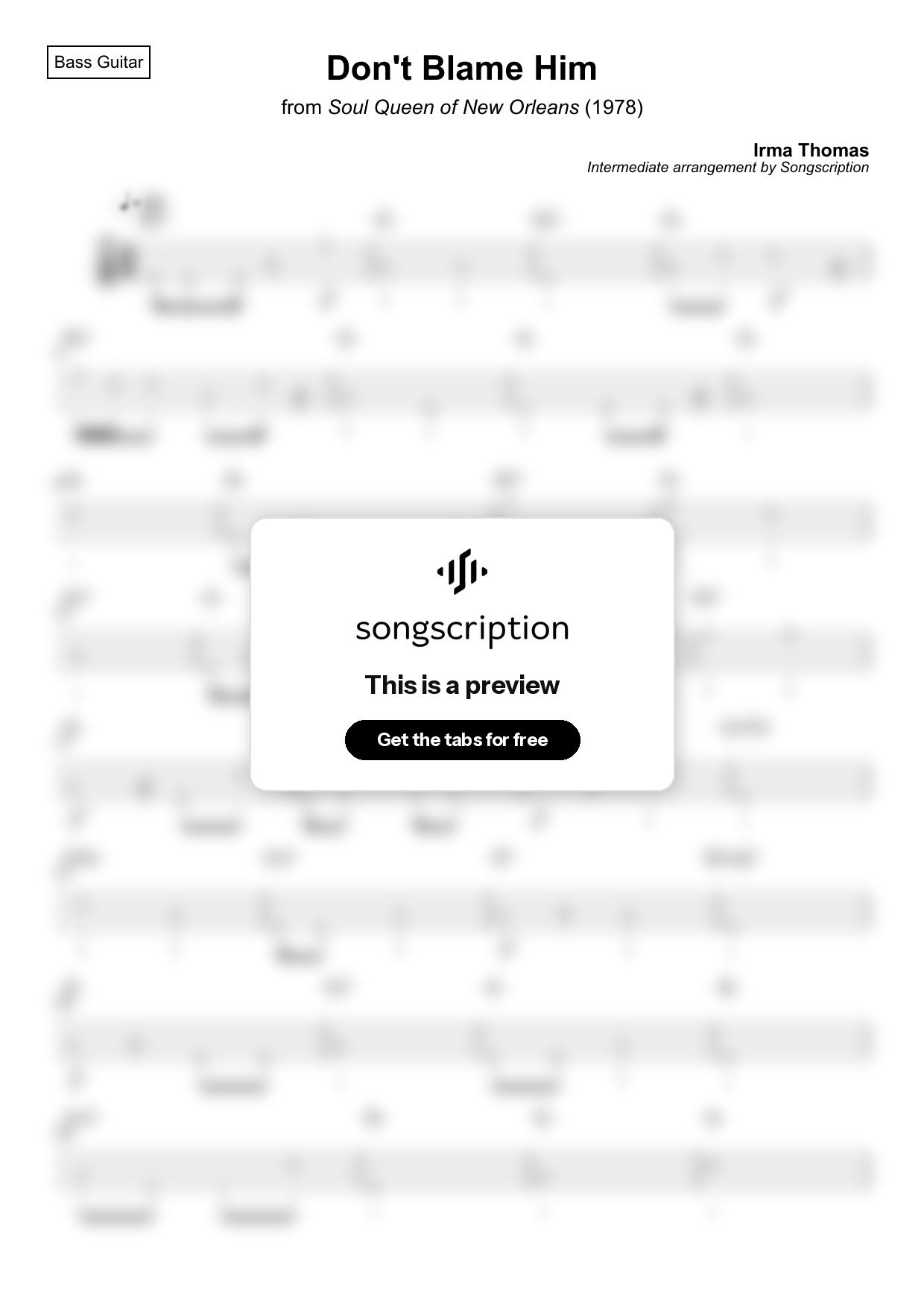 Intermediate Bass Guitar Tabs for "Don't Blame Him" by Irma Thomas