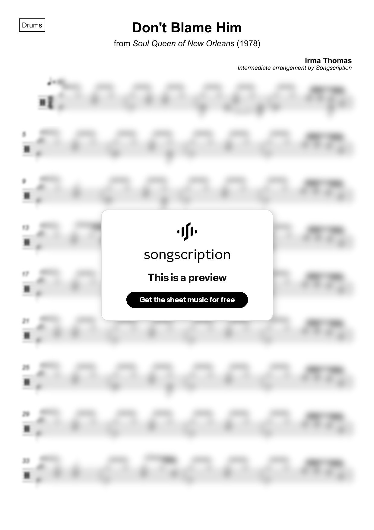 Intermediate Drums Sheet Music for "Don't Blame Him" by Irma Thomas