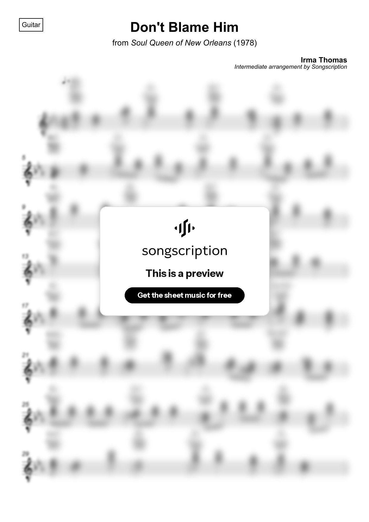 Intermediate Acoustic Guitar Sheet Music for "Don't Blame Him" by Irma Thomas
