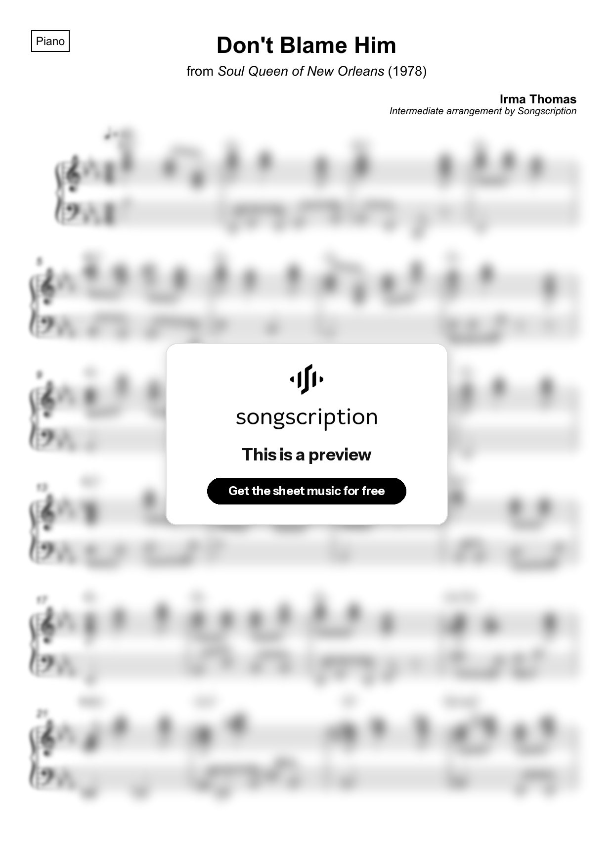 Intermediate Piano Sheet Music for "Don't Blame Him" by Irma Thomas