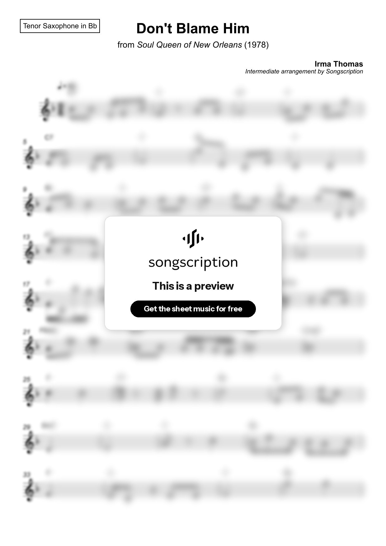Intermediate Tenor Sax Sheet Music for "Don't Blame Him" by Irma Thomas
