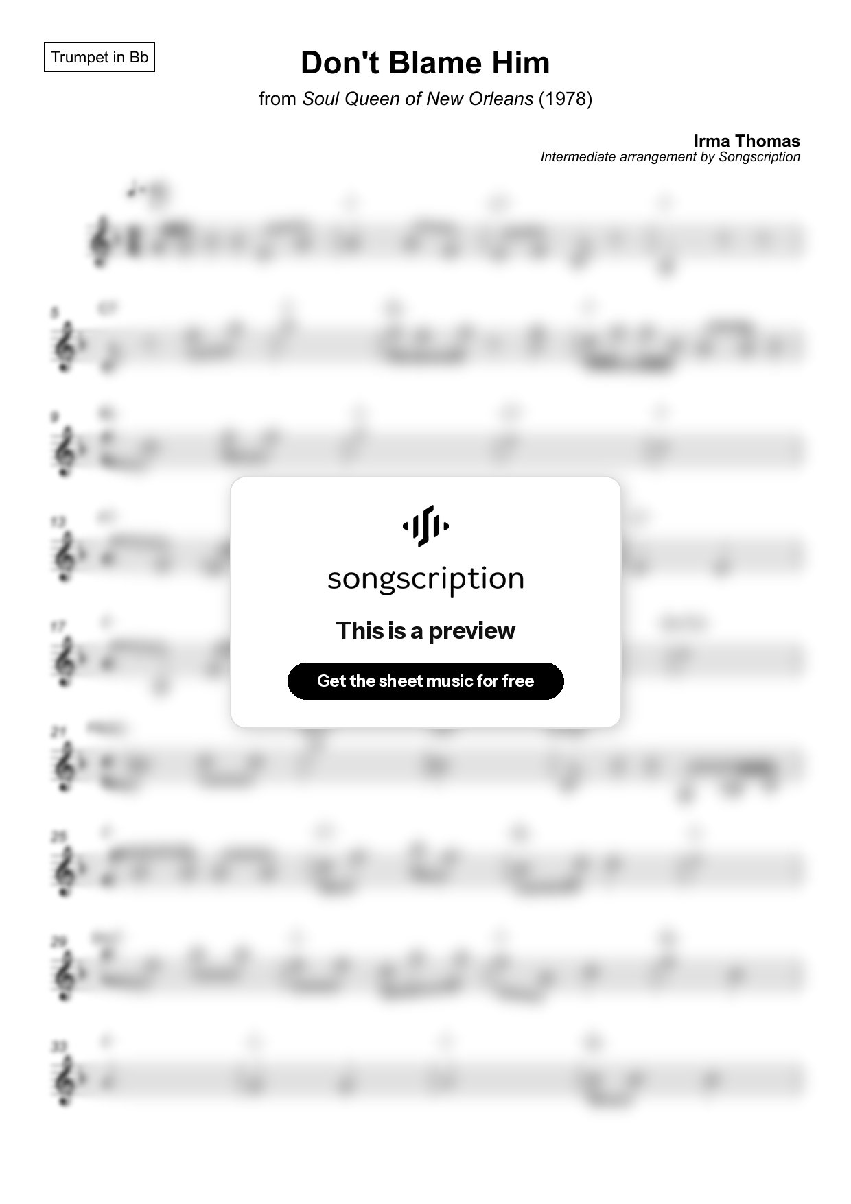 Intermediate Trumpet Sheet Music for "Don't Blame Him" by Irma Thomas
