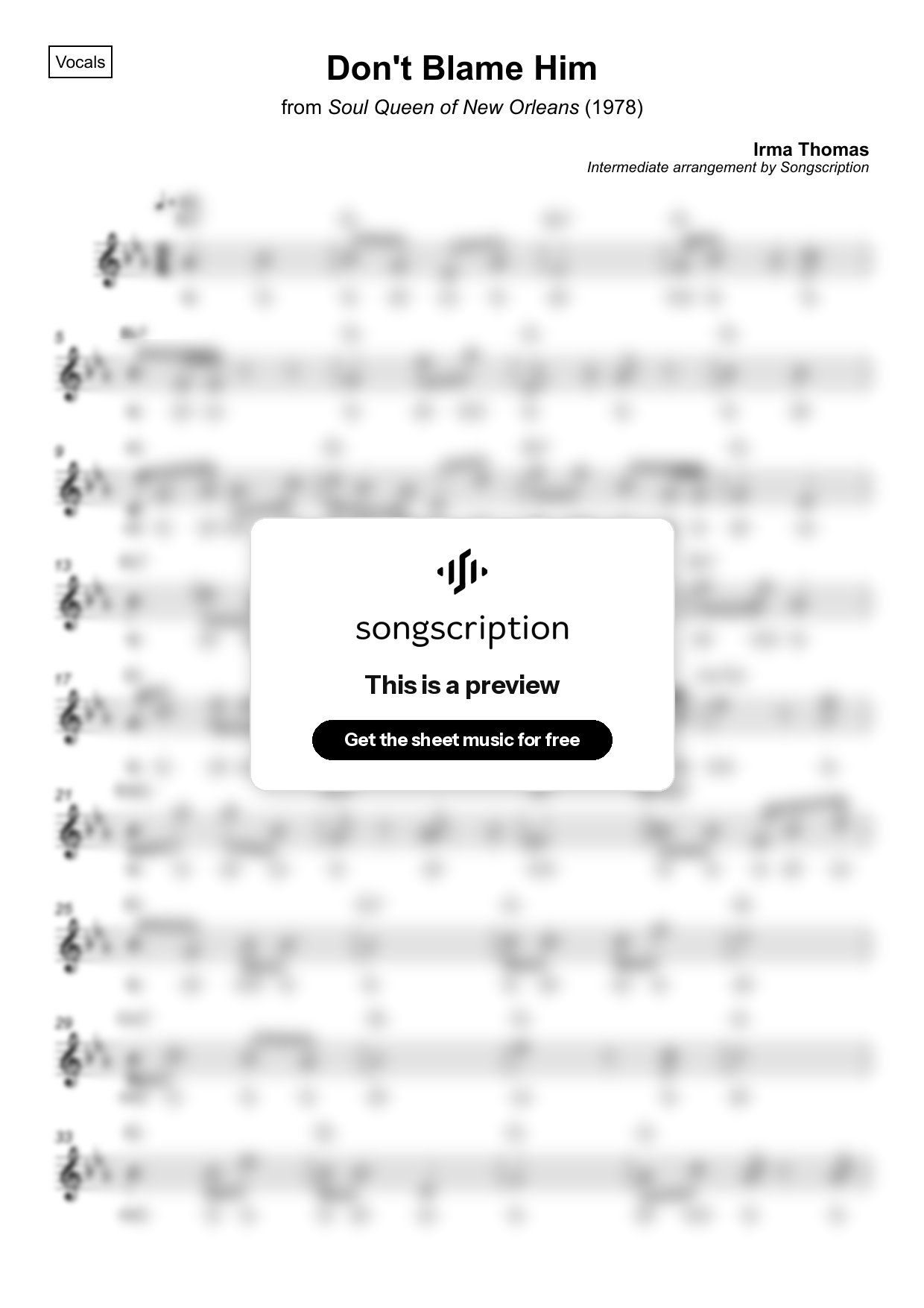 Intermediate Vocals Sheet Music for "Don't Blame Him" by Irma Thomas