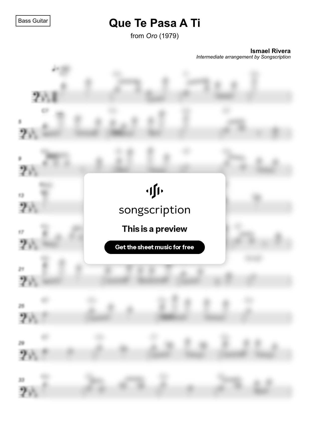 Intermediate Bass Guitar Sheet Music for "Que Te Pasa A Ti" by Ismael Rivera