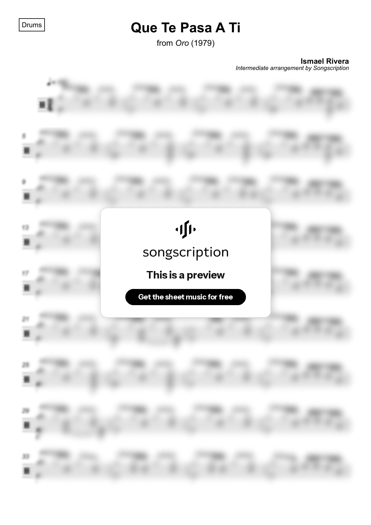 Intermediate Drums Sheet Music for "Que Te Pasa A Ti" by Ismael Rivera