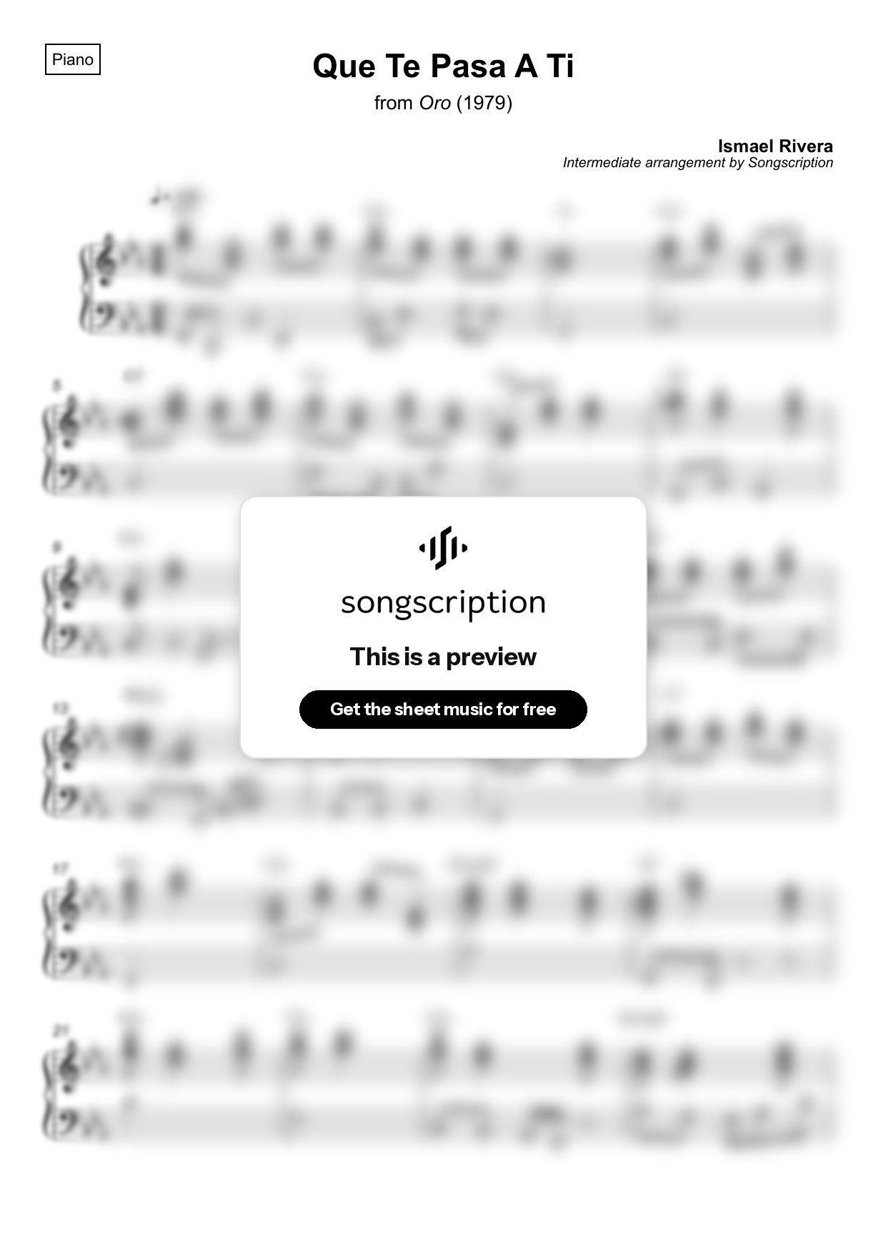 Intermediate Piano Sheet Music for "Que Te Pasa A Ti" by Ismael Rivera