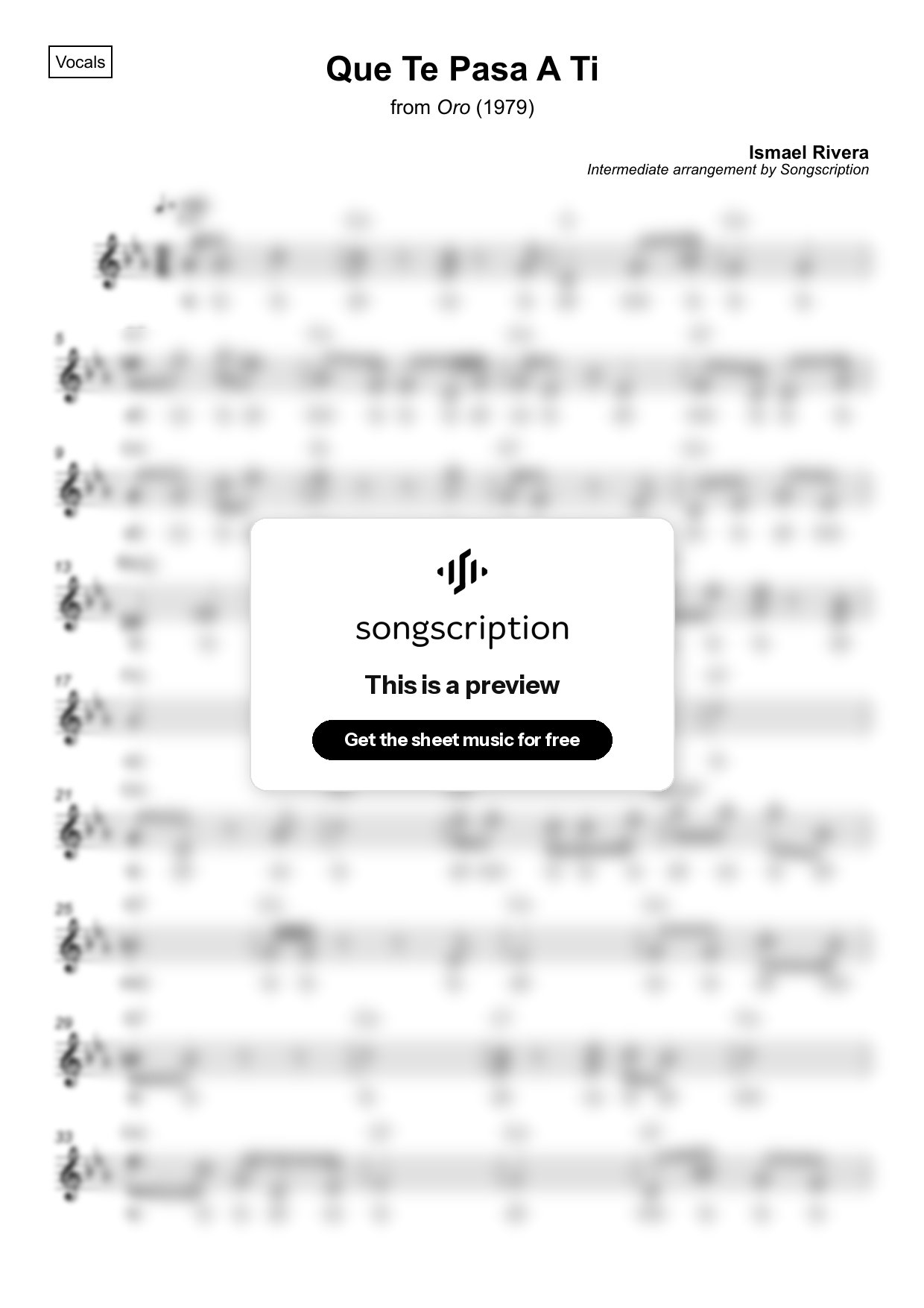Intermediate Vocals Sheet Music for "Que Te Pasa A Ti" by Ismael Rivera
