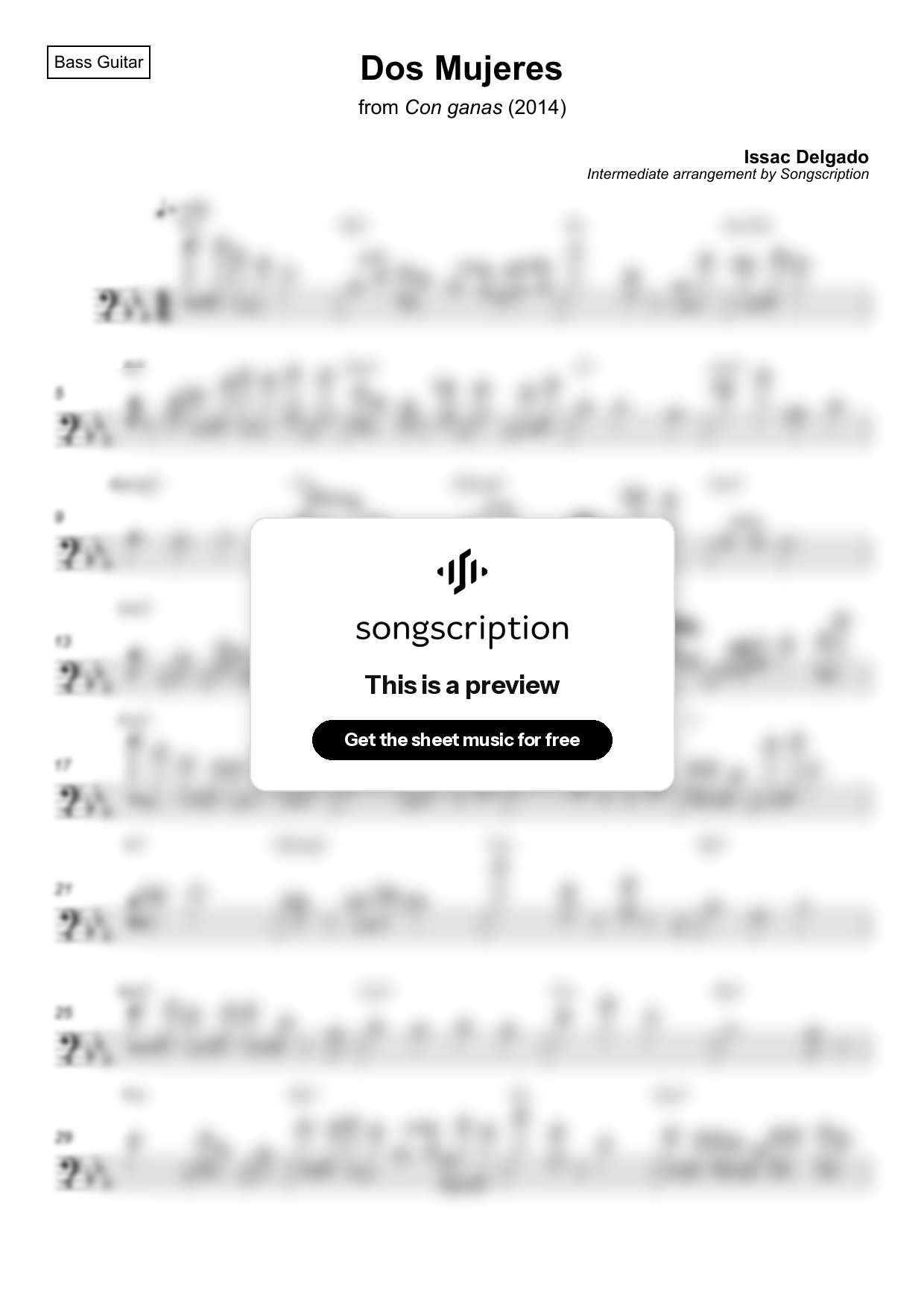 Intermediate Bass Guitar Sheet Music for "Dos Mujeres" by Issac Delgado