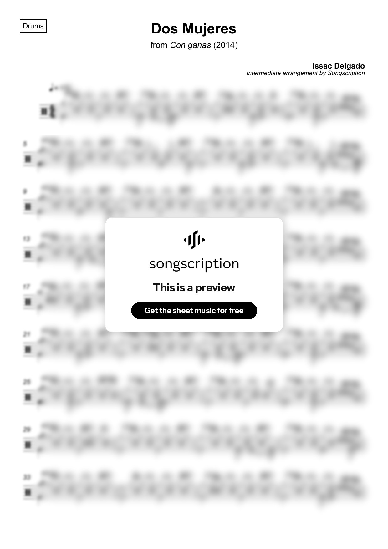 Intermediate Drums Sheet Music for "Dos Mujeres" by Issac Delgado