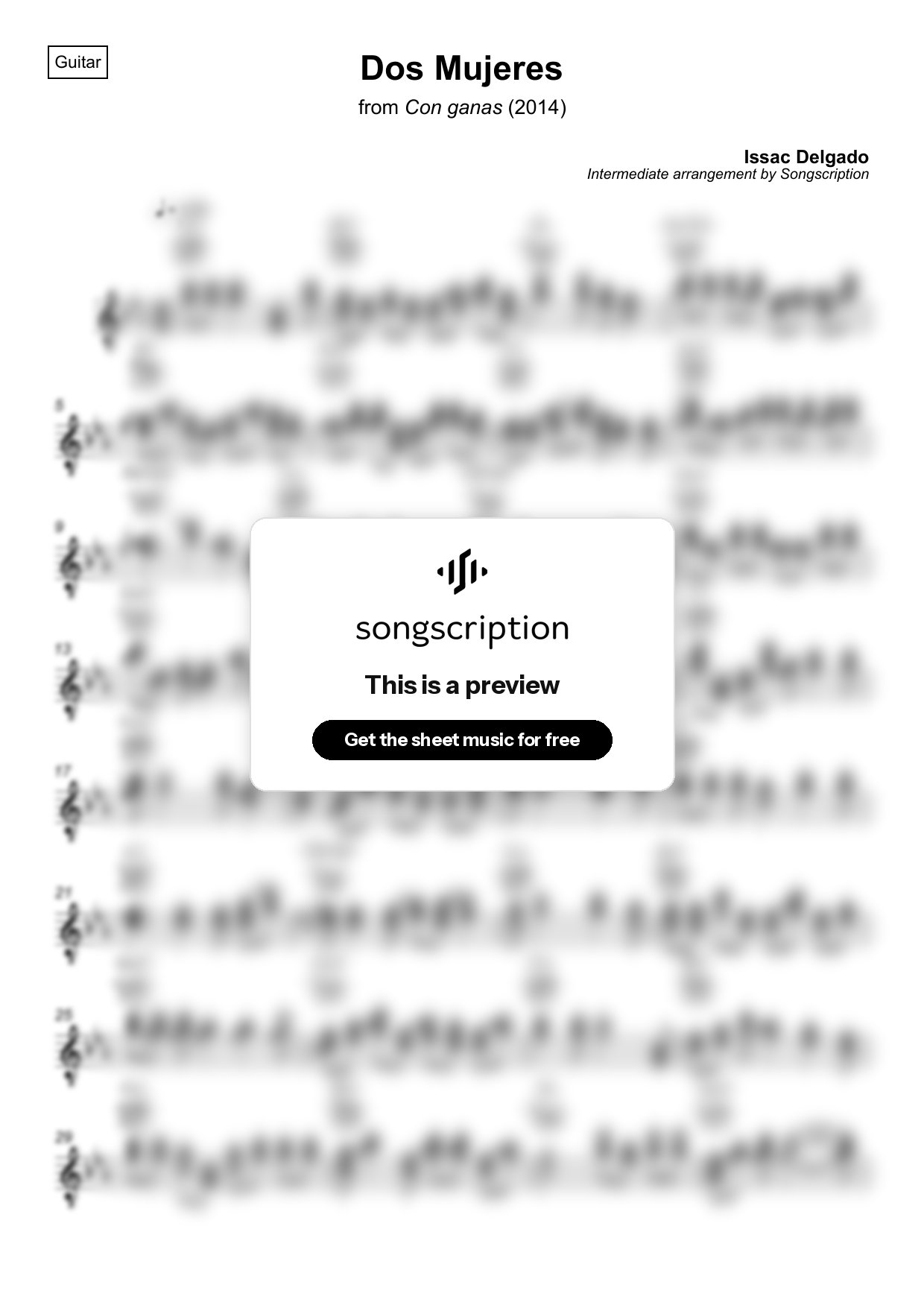 Intermediate Acoustic Guitar Sheet Music for "Dos Mujeres" by Issac Delgado